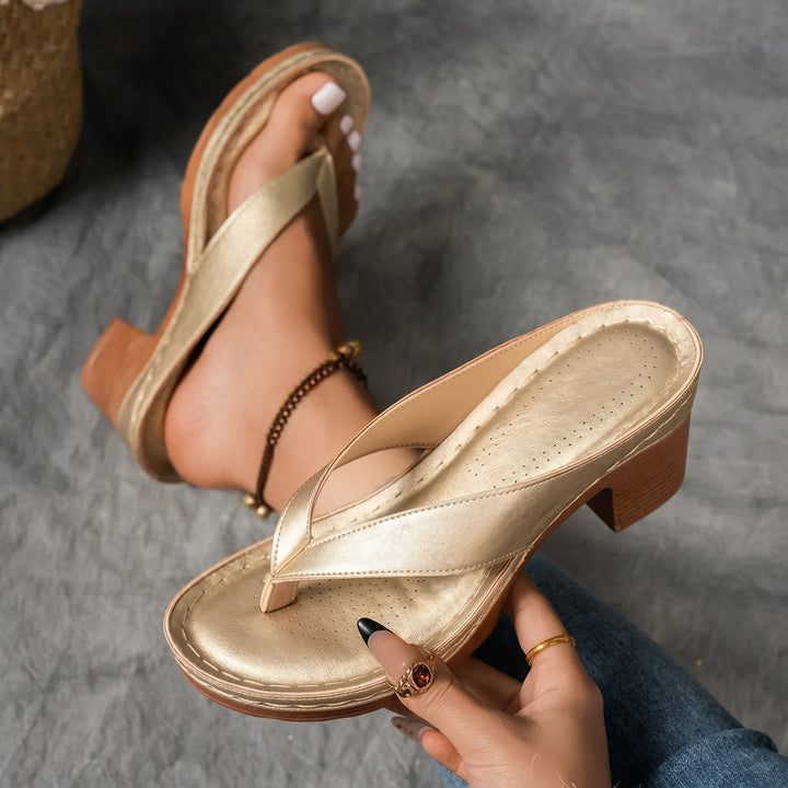 Tara - Women's Toe Post Block Heel Sandals - Sandals - Gold - Davies & Cooper