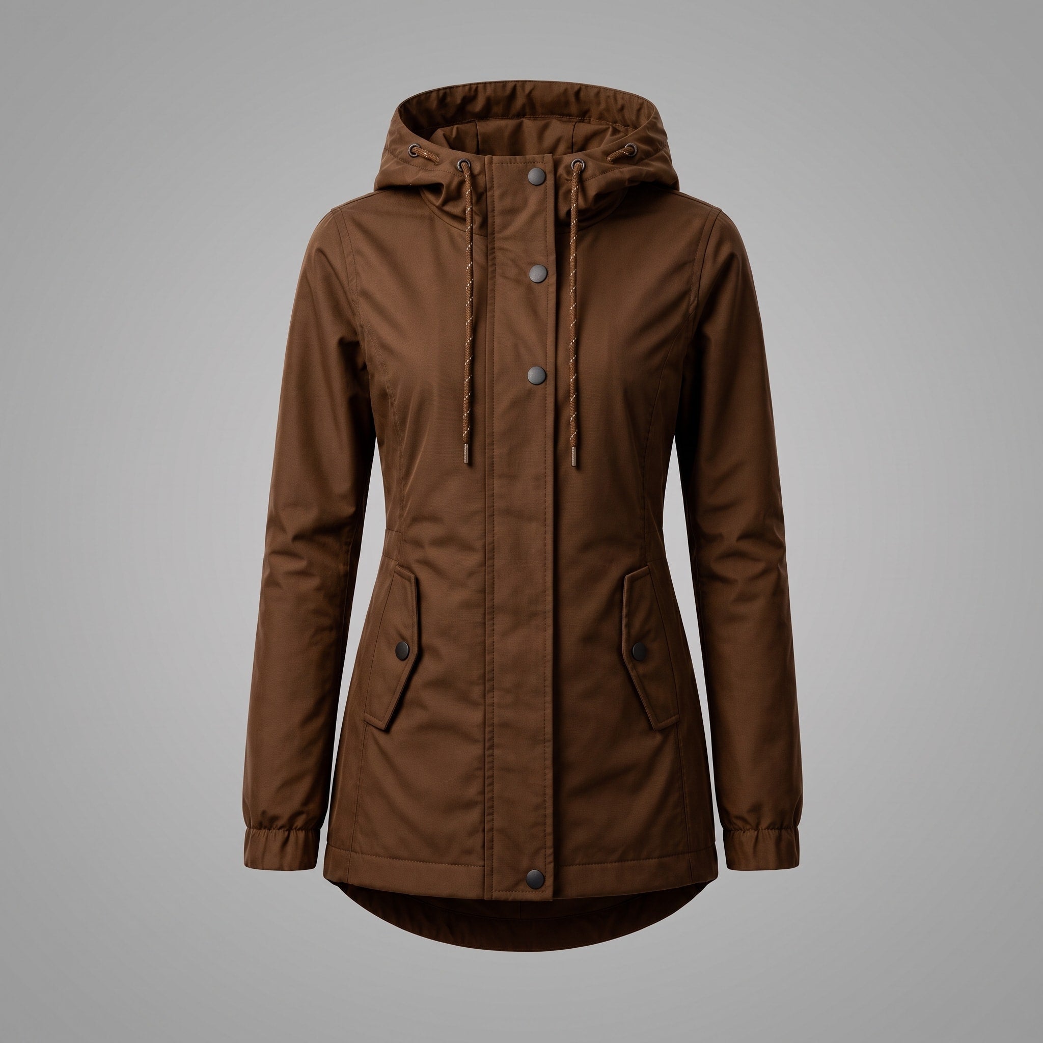 Teresa - Women's Hooded Jacket with Fitted Waist and Snap Button Front - Coats & Jackets - Brown - Davies & Cooper
