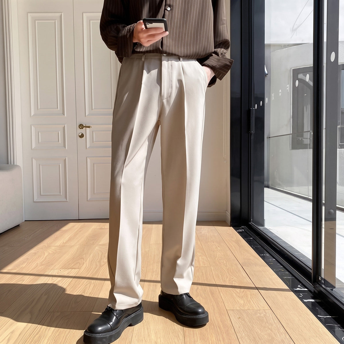 Theo - Men's Tailored Pleated Wide-Leg Suit Trousers - Trousers - Khaki - Davies & Cooper