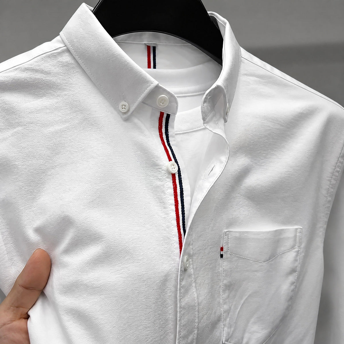 Thomas - Men's Classic Button-Down Oxford Shirt with Striped Placket Trim - Shirts - White - Davies & Cooper