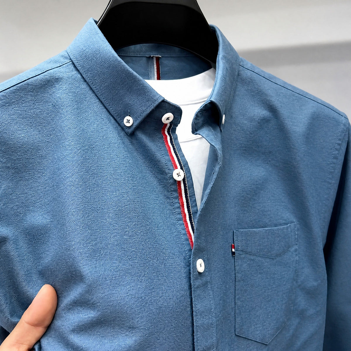 Thomas - Men's Classic Button-Down Oxford Shirt with Striped Placket Trim - Shirts - Blue - Davies & Cooper
