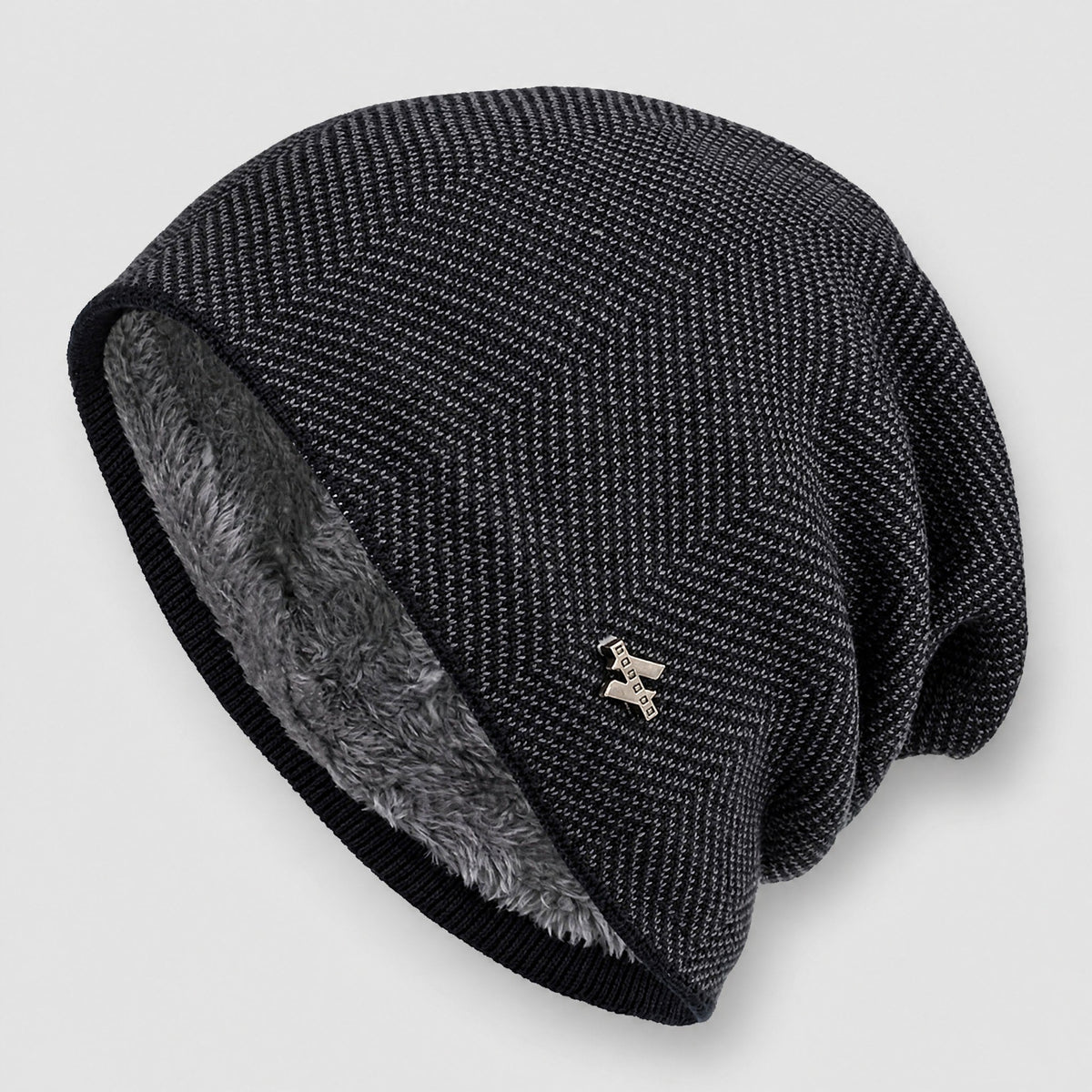 Thomas - Men's Slouchy Soft-Lined Winter Beanie Hat - Beanies - Black / Grey - Davies & Cooper