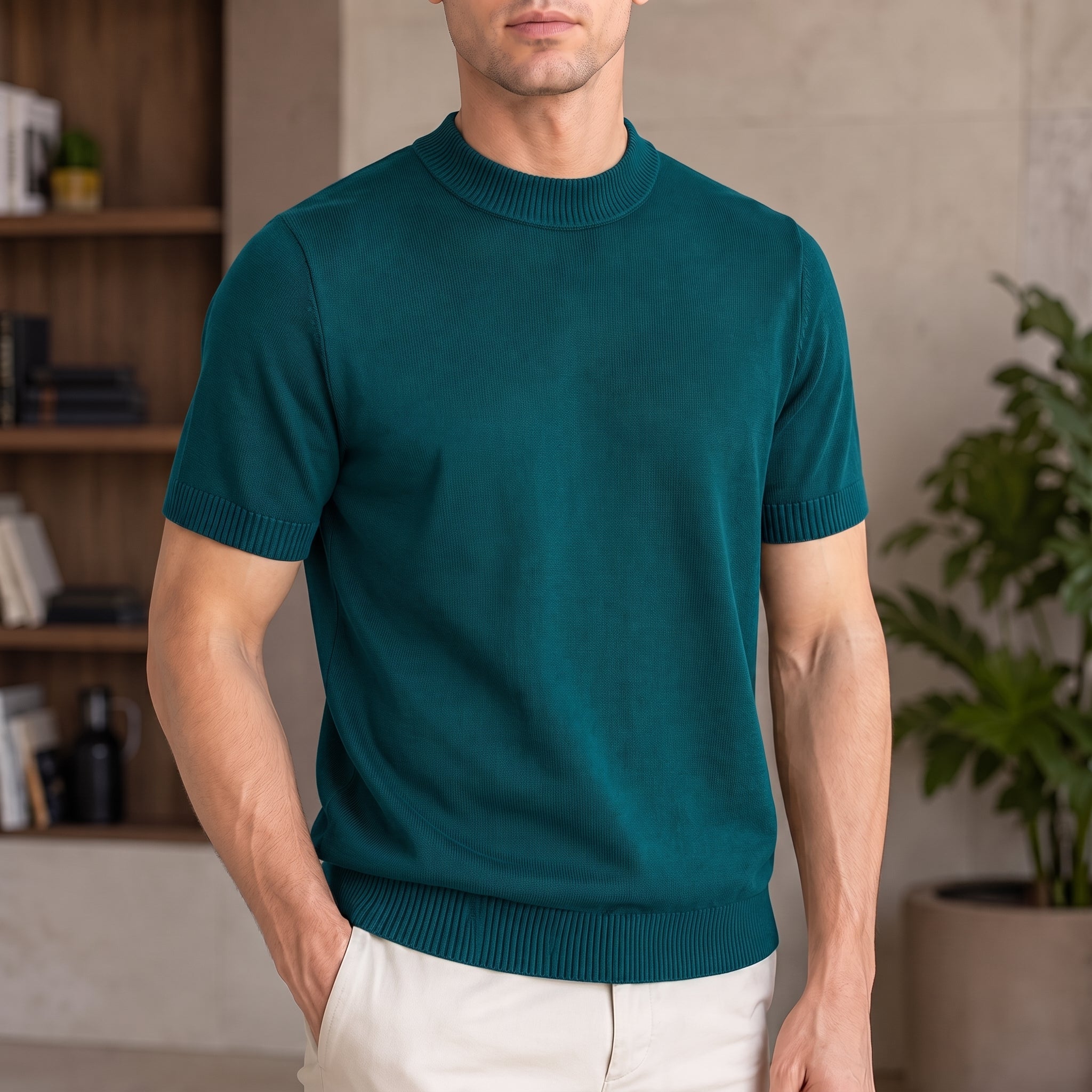 Thomas - Men's Summer Ribbed Cuffs Mock Neck T-Shirt - T-Shirts - Green - Davies & Cooper
