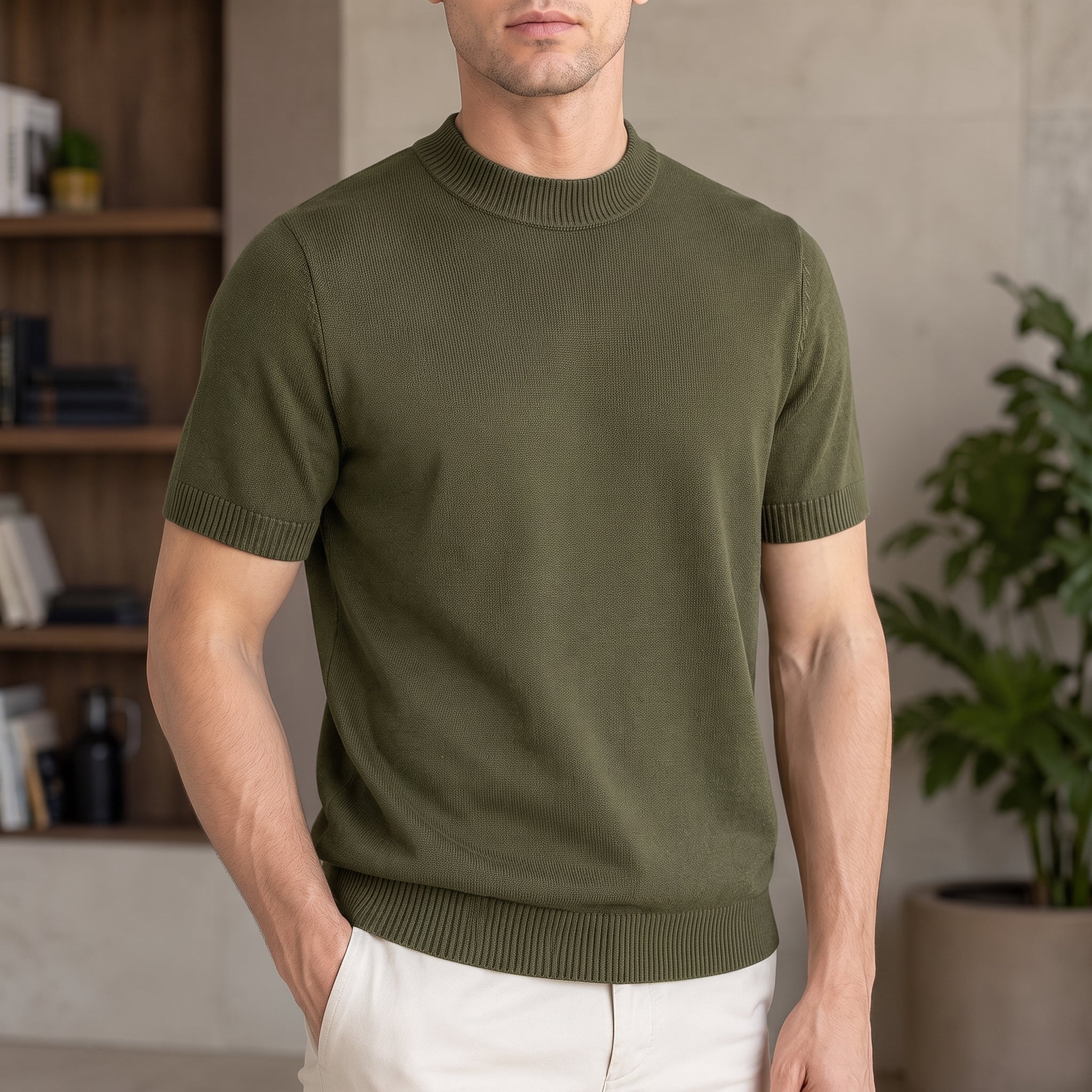 Thomas - Men's Summer Ribbed Cuffs Mock Neck T-Shirt - T-Shirts - Green - Davies & Cooper