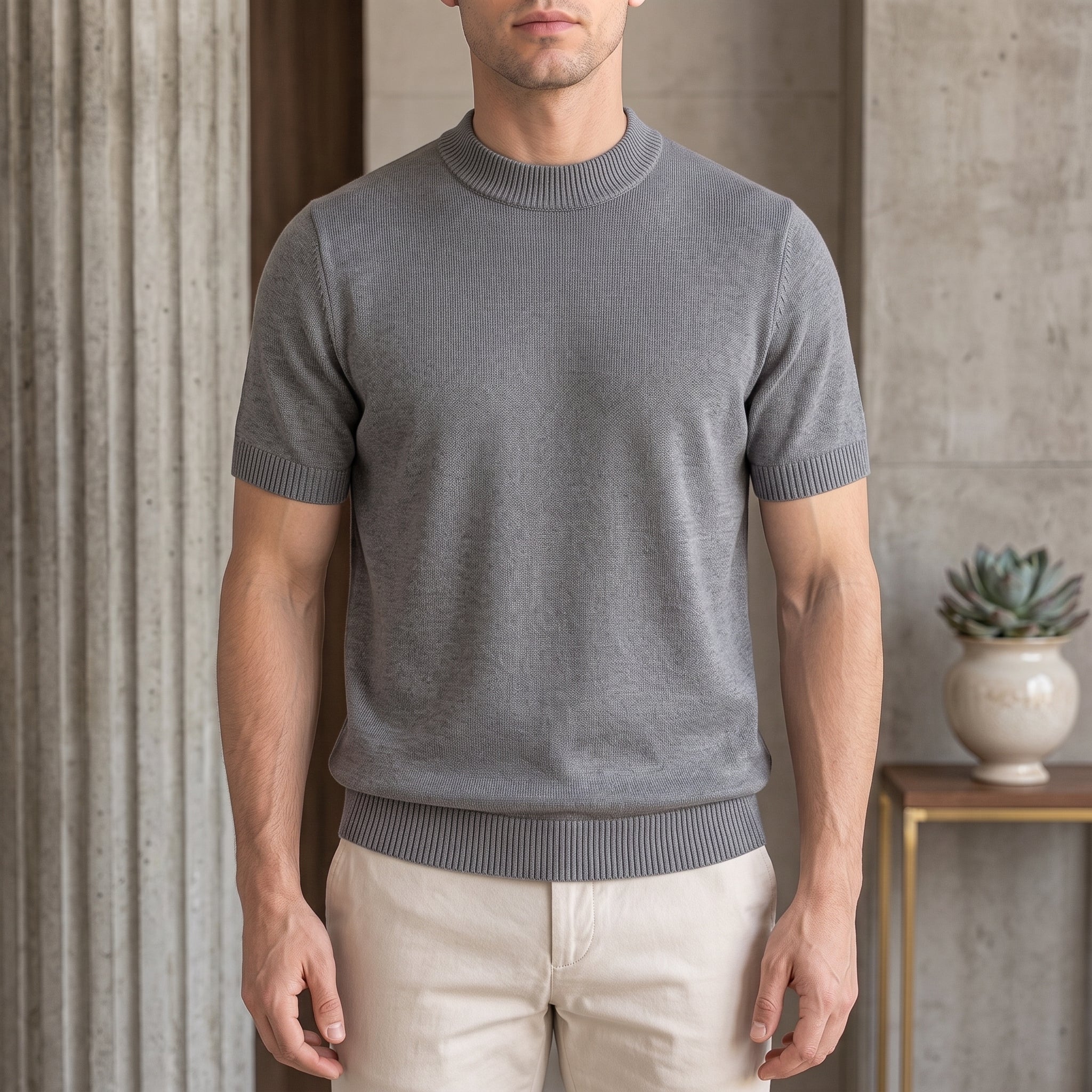 Thomas - Men's Summer Ribbed Cuffs Mock Neck T-Shirt - T-Shirts - Grey - Davies & Cooper