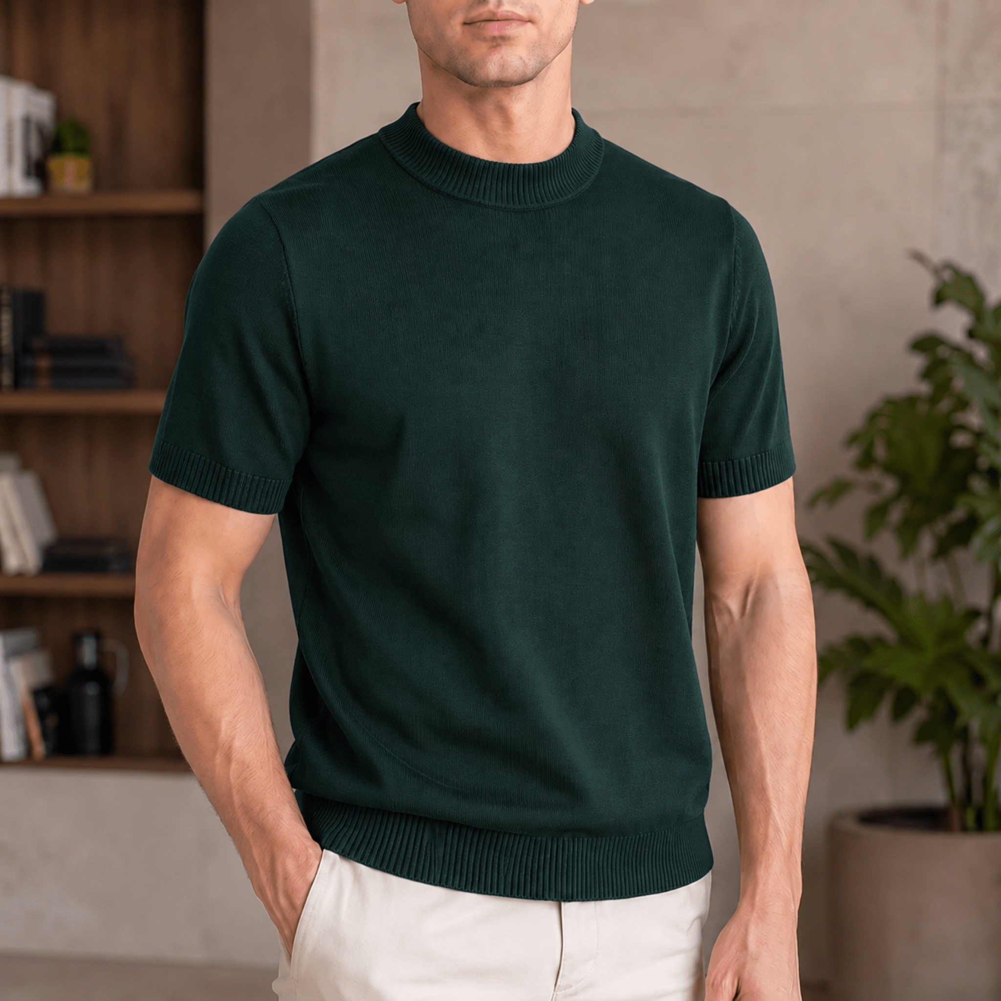 Thomas - Men's Summer Ribbed Cuffs Mock Neck T-Shirt - T-Shirts - Green - Davies & Cooper