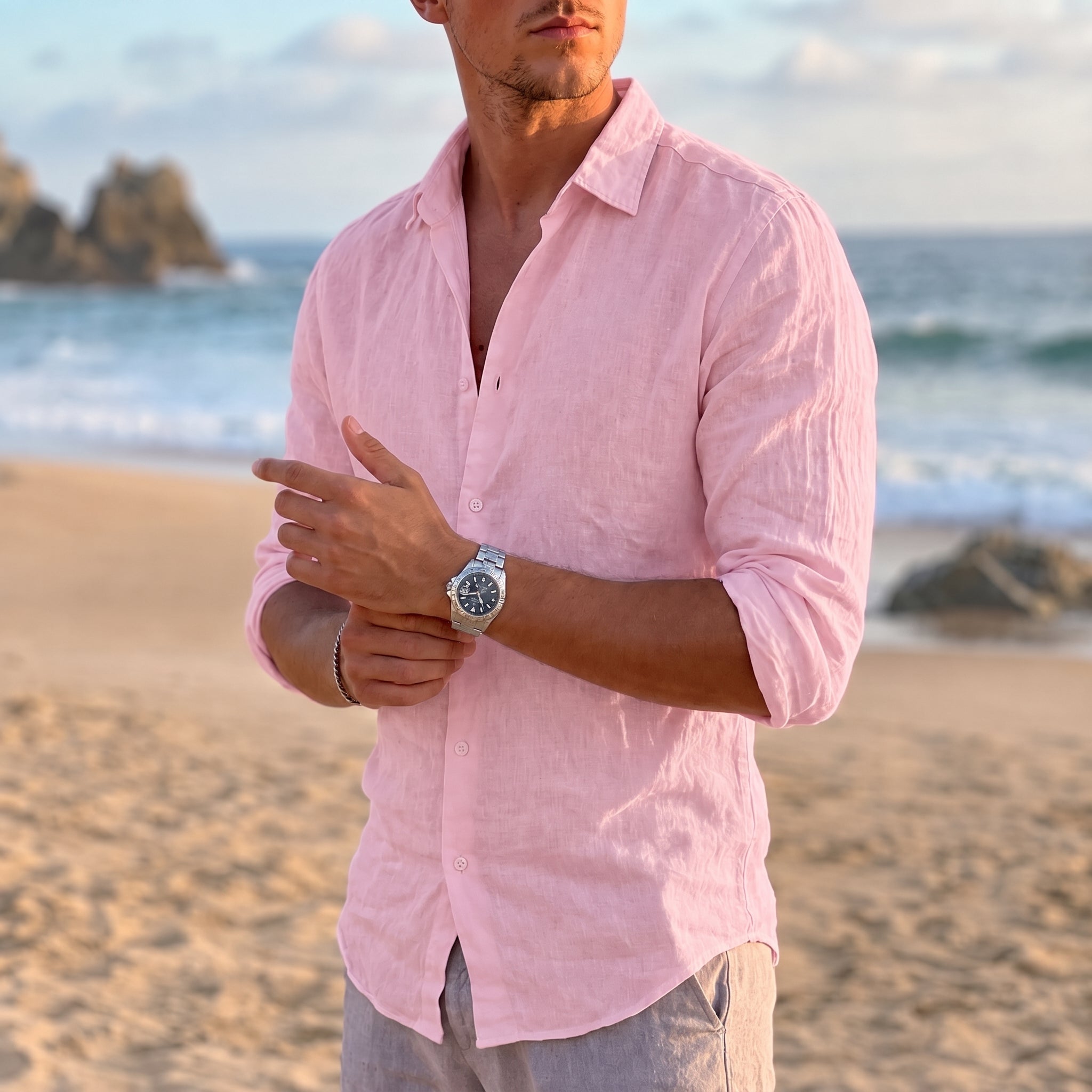 Thomas - Men's Summer Spread Collar Long Sleeve Shirt - Shirt - Pink - Davies & Cooper