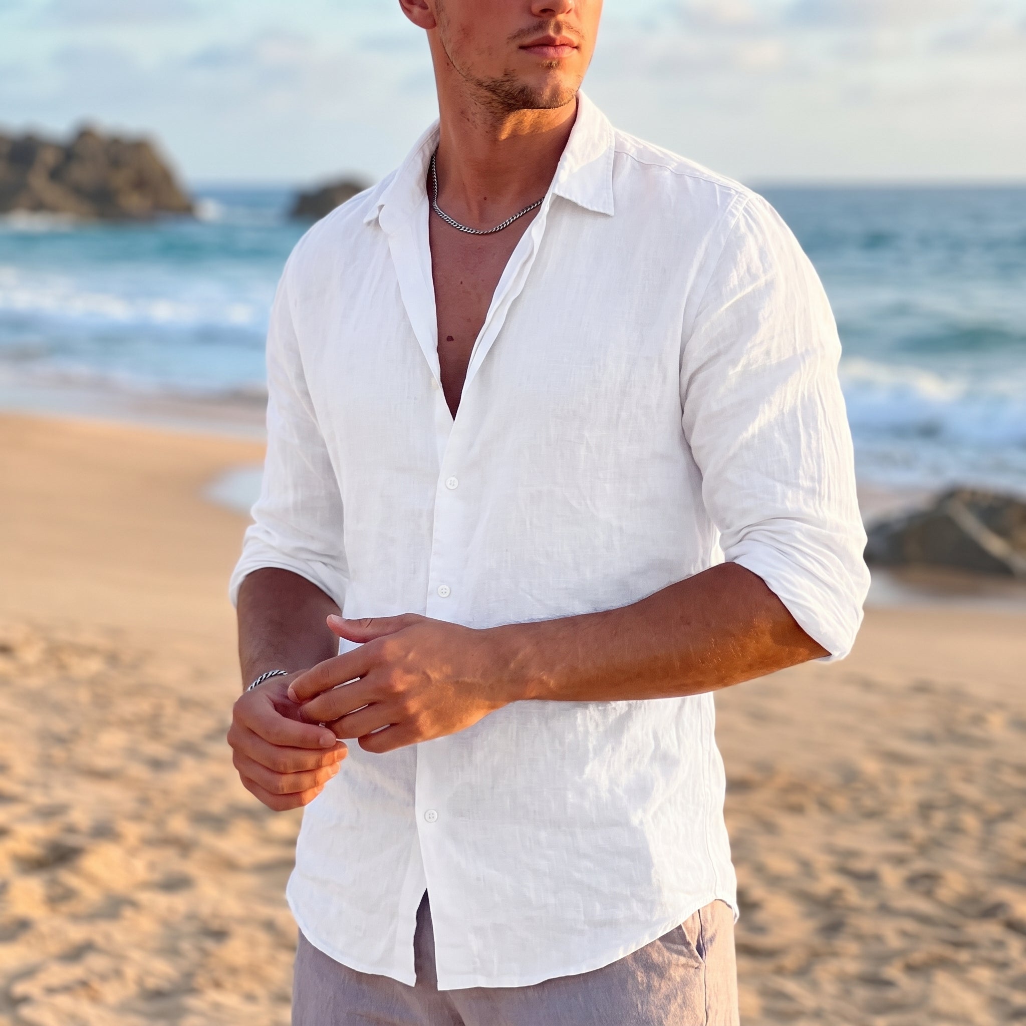 Thomas - Men's Summer Spread Collar Long Sleeve Shirt - Shirt - White - Davies & Cooper