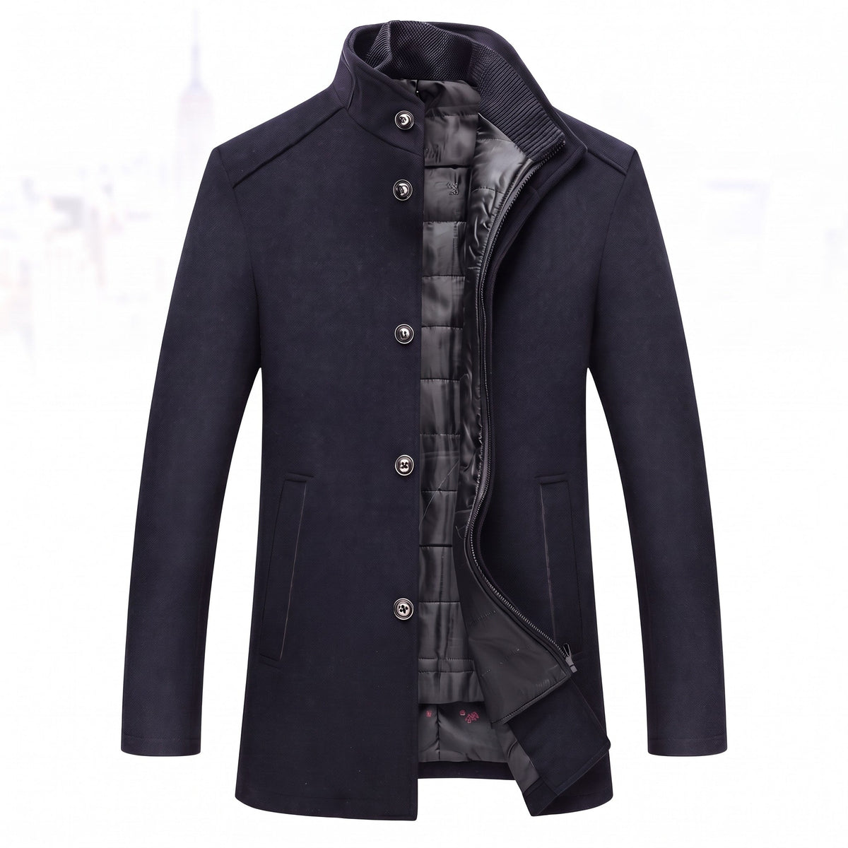 Thomas - Men's Wool-Look Longline Overcoat with Detachable Quilted Inner Vest - Overcoats - Dark Blue - Davies & Cooper