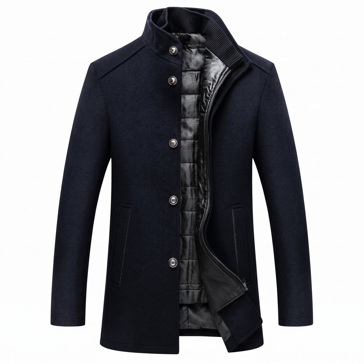 Thomas - Men's Wool-Look Longline Overcoat with Detachable Quilted Inner Vest - Overcoats - Dark Blue - Davies & Cooper