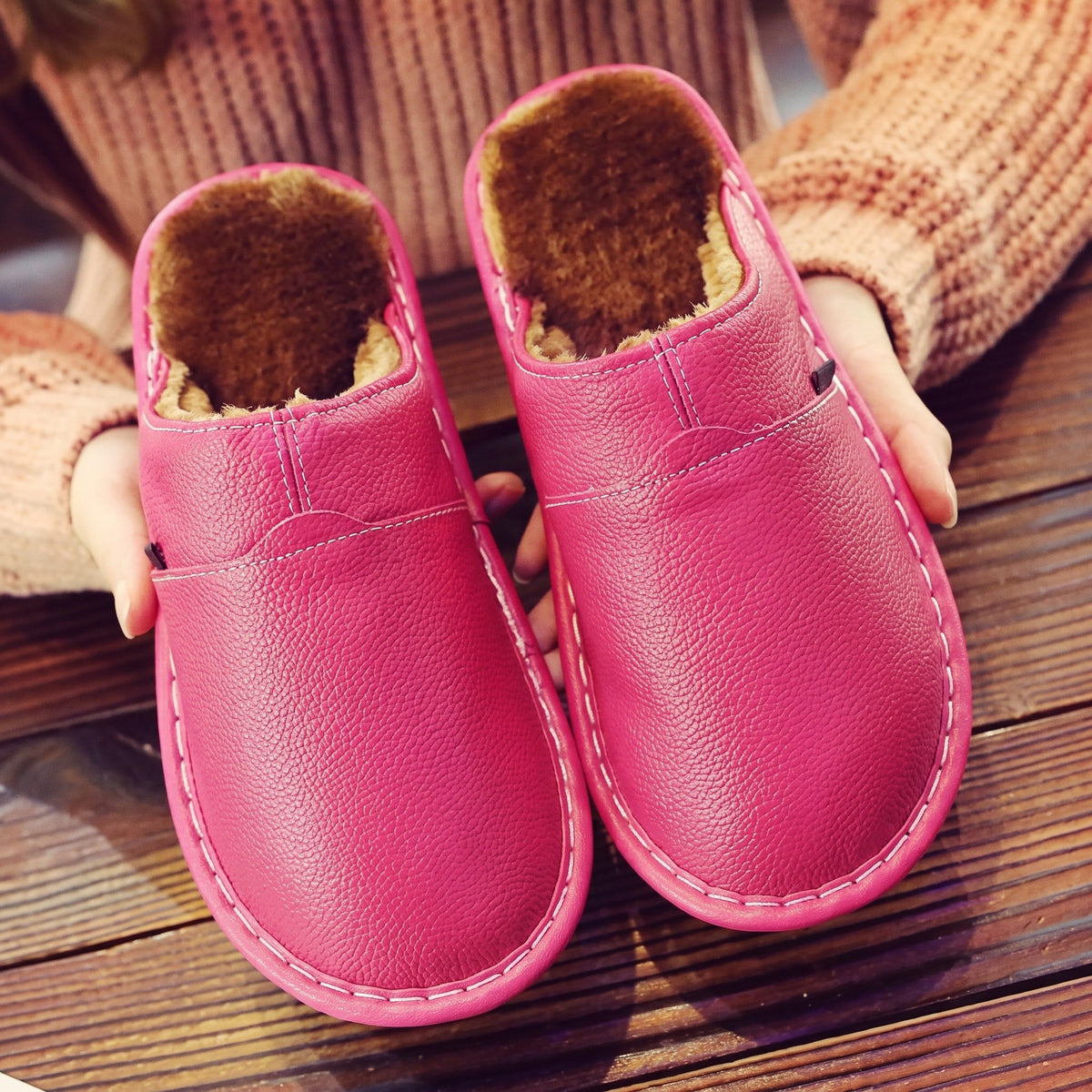 Thomas - Unisex Orthopaedic Leather Slippers with Fleece Lining - Slippers - Pink - Davies & Cooper