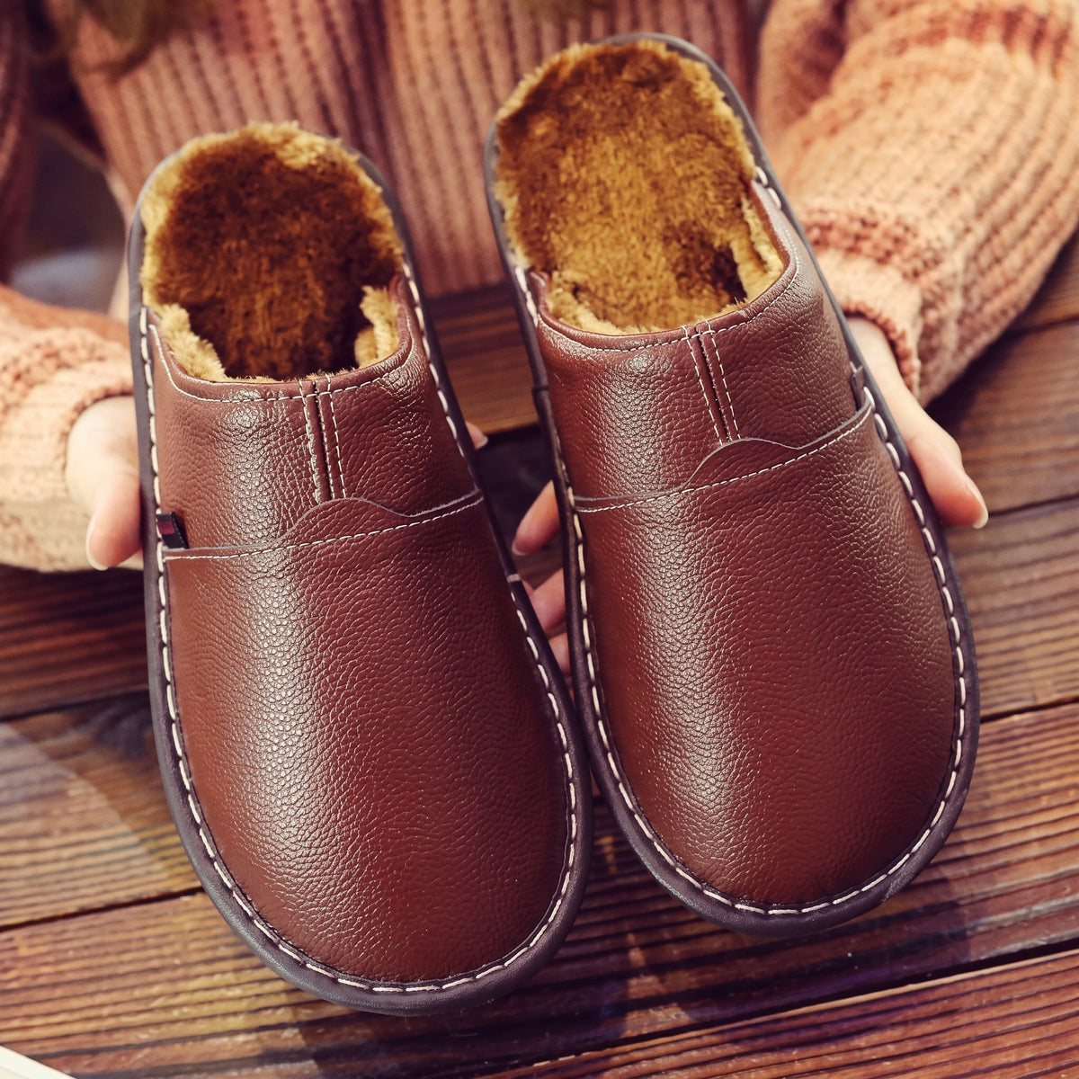 Thomas - Unisex Orthopaedic Leather Slippers with Fleece Lining - Slippers - Brown - Davies & Cooper