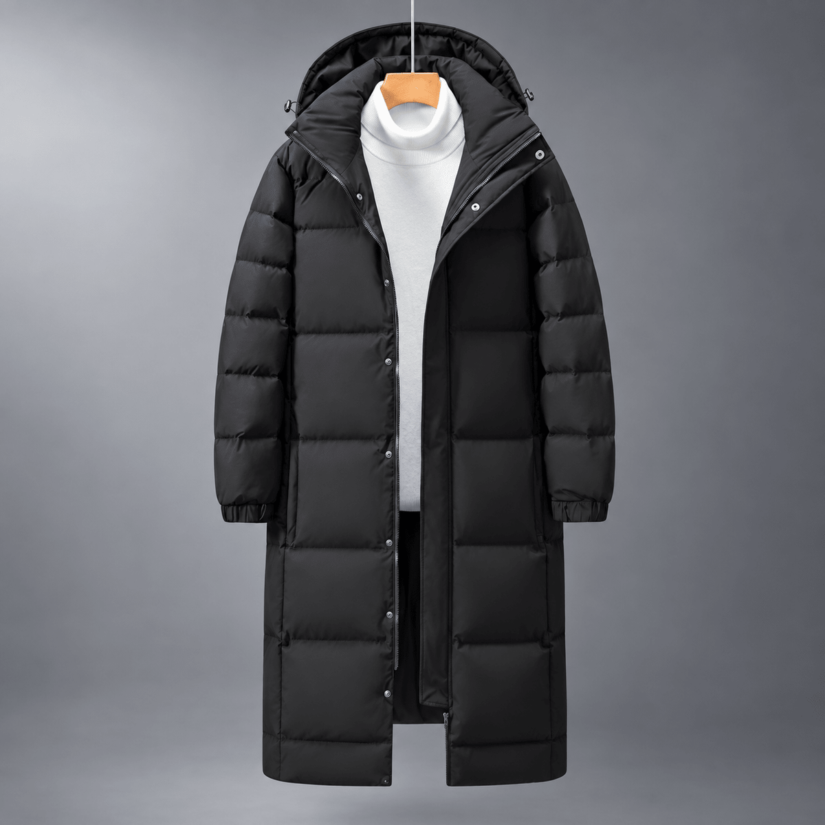 Tom - Men's Longline Hooded Puffer Coat with Full Zip Closure - Puffer Jackets - Black - Davies & Cooper
