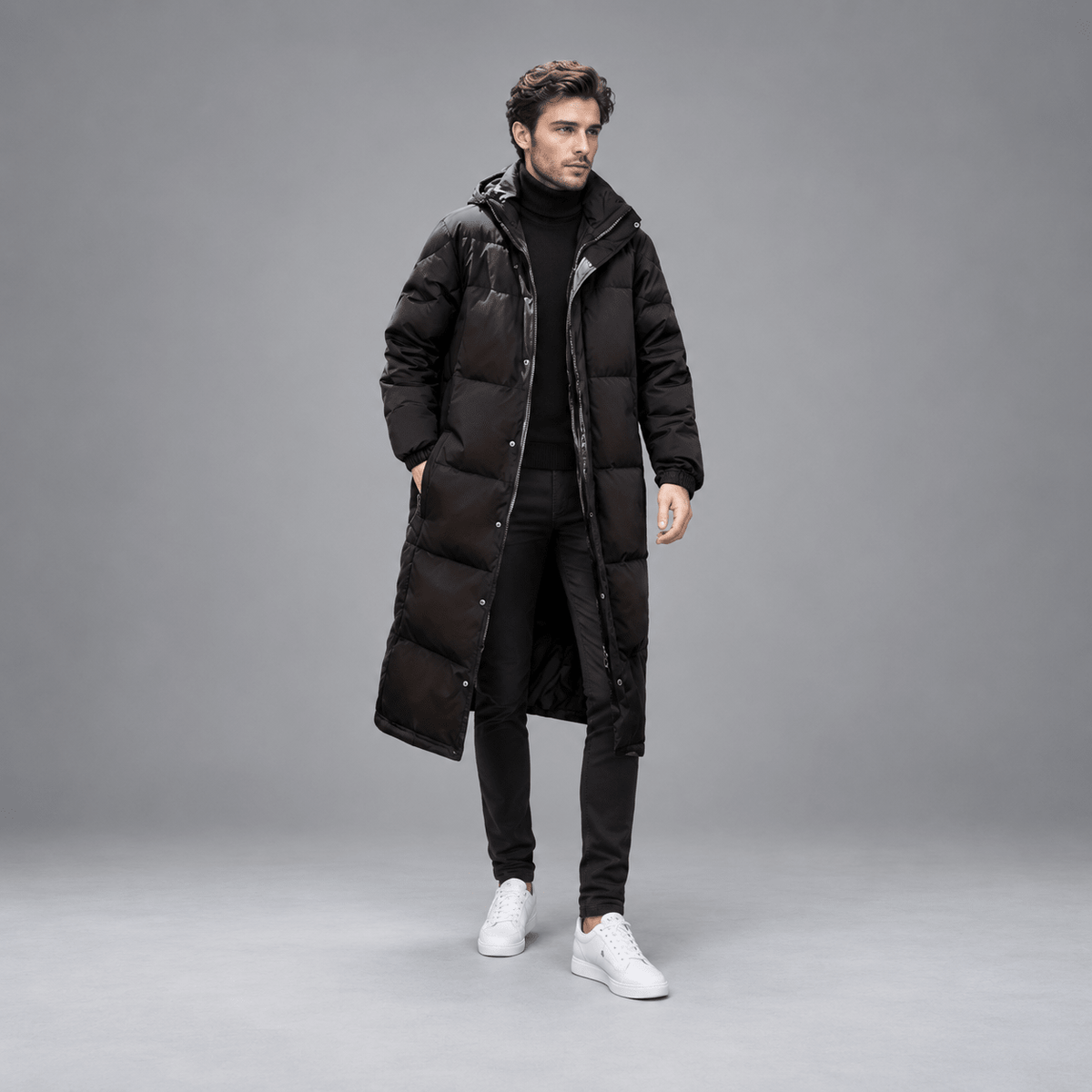 Tom - Men's Longline Hooded Puffer Coat with Full Zip Closure - Puffer Jackets - Black - Davies & Cooper