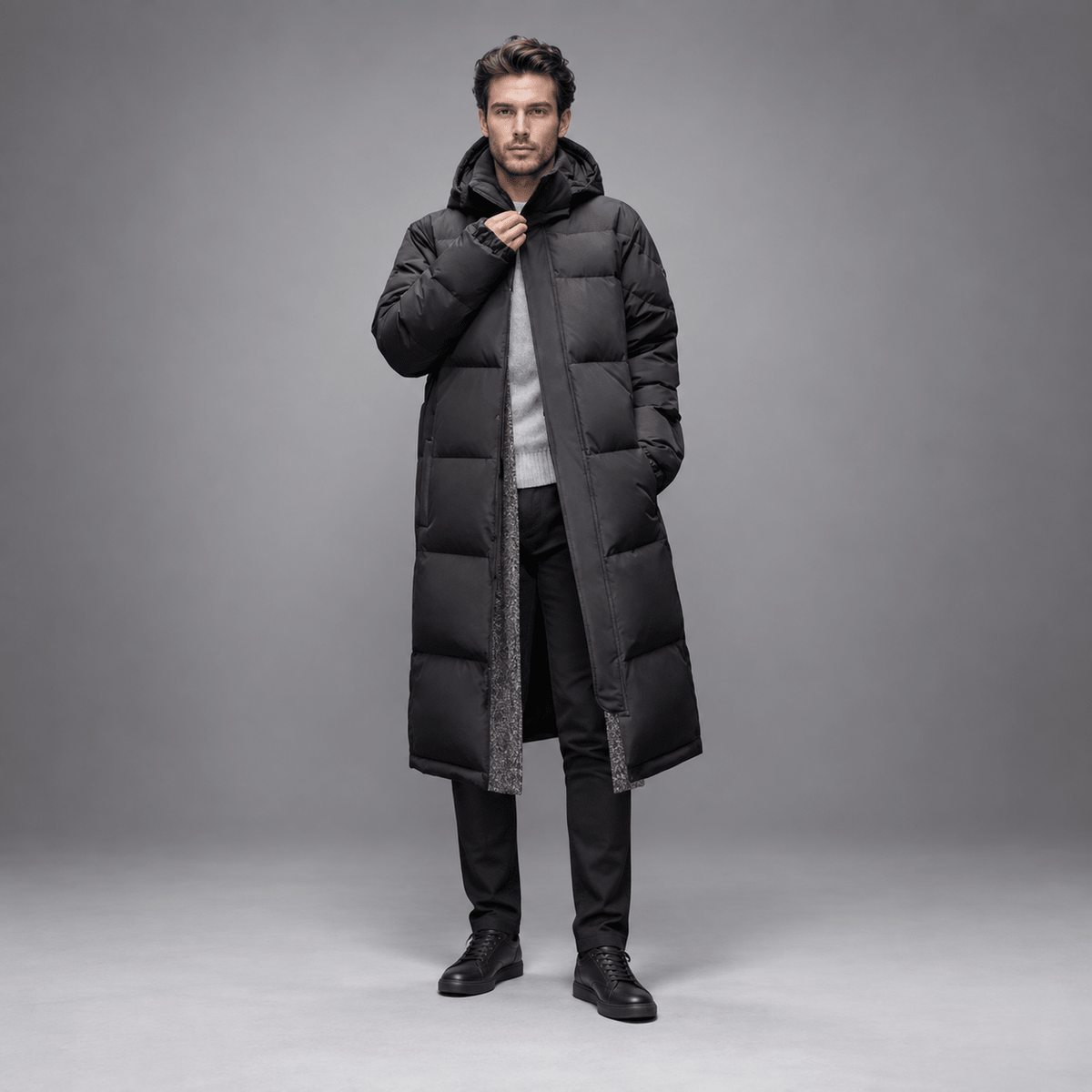 Tom - Men's Longline Hooded Puffer Coat with Full Zip Closure - Puffer Jackets - Black - Davies & Cooper