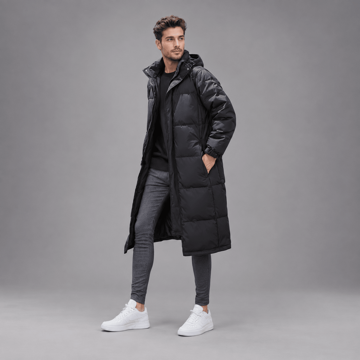 Tom - Men's Longline Hooded Puffer Coat with Full Zip Closure - Puffer Jackets - Black - Davies & Cooper