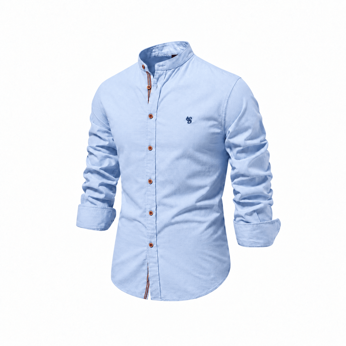 Tom - Men's Mandarin Collar Long Sleeve Shirt with Contrast Placket Trim - Shirts - Blue - Davies & Cooper