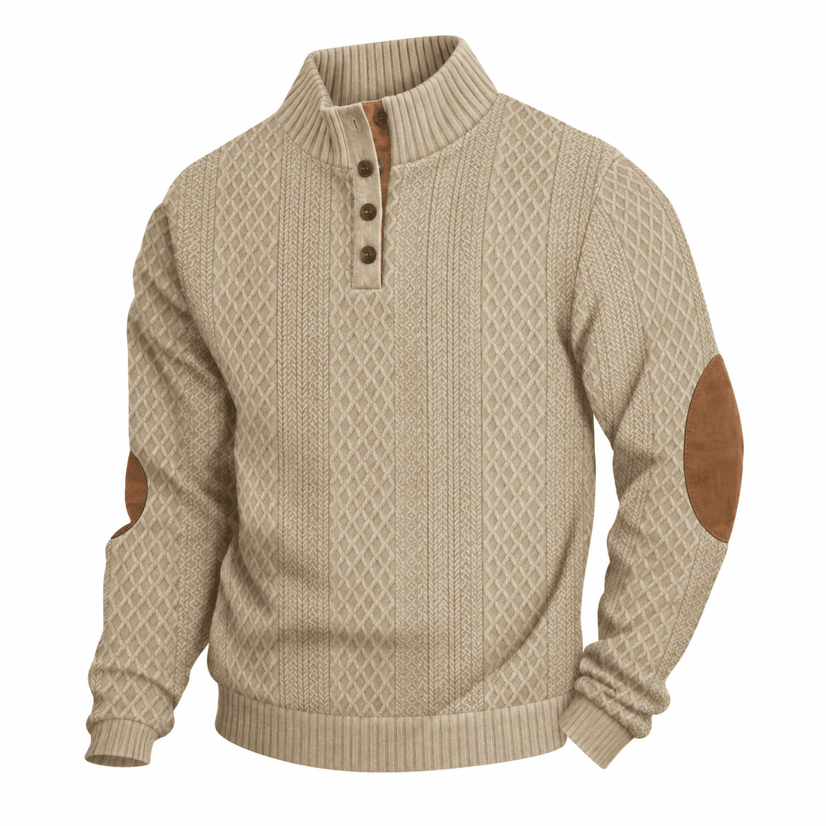 Tom - Men's Quarter-Zip Cable Knit Jumper with Button Placket - Sweaters - Beige - Davies & Cooper