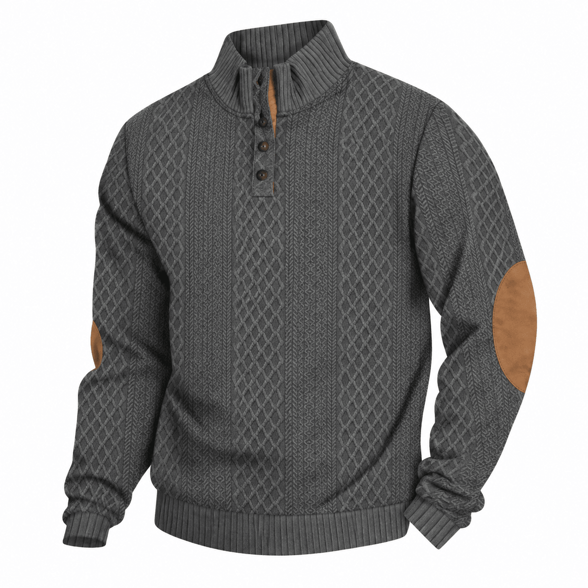 Tom - Men's Quarter-Zip Cable Knit Jumper with Button Placket - Sweaters - Dark Grey - Davies & Cooper