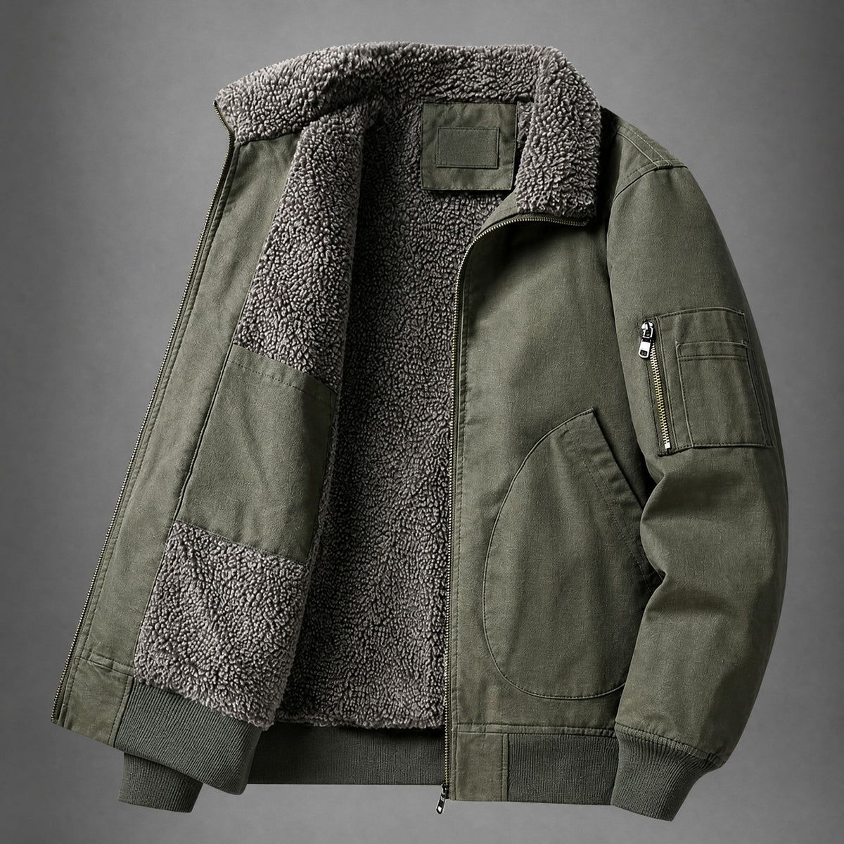 Tom - Men's Sherpa Collar Flight Bomber Jacket with Multi-Pocket - Bomber Jackets - Army Green - Davies & Cooper