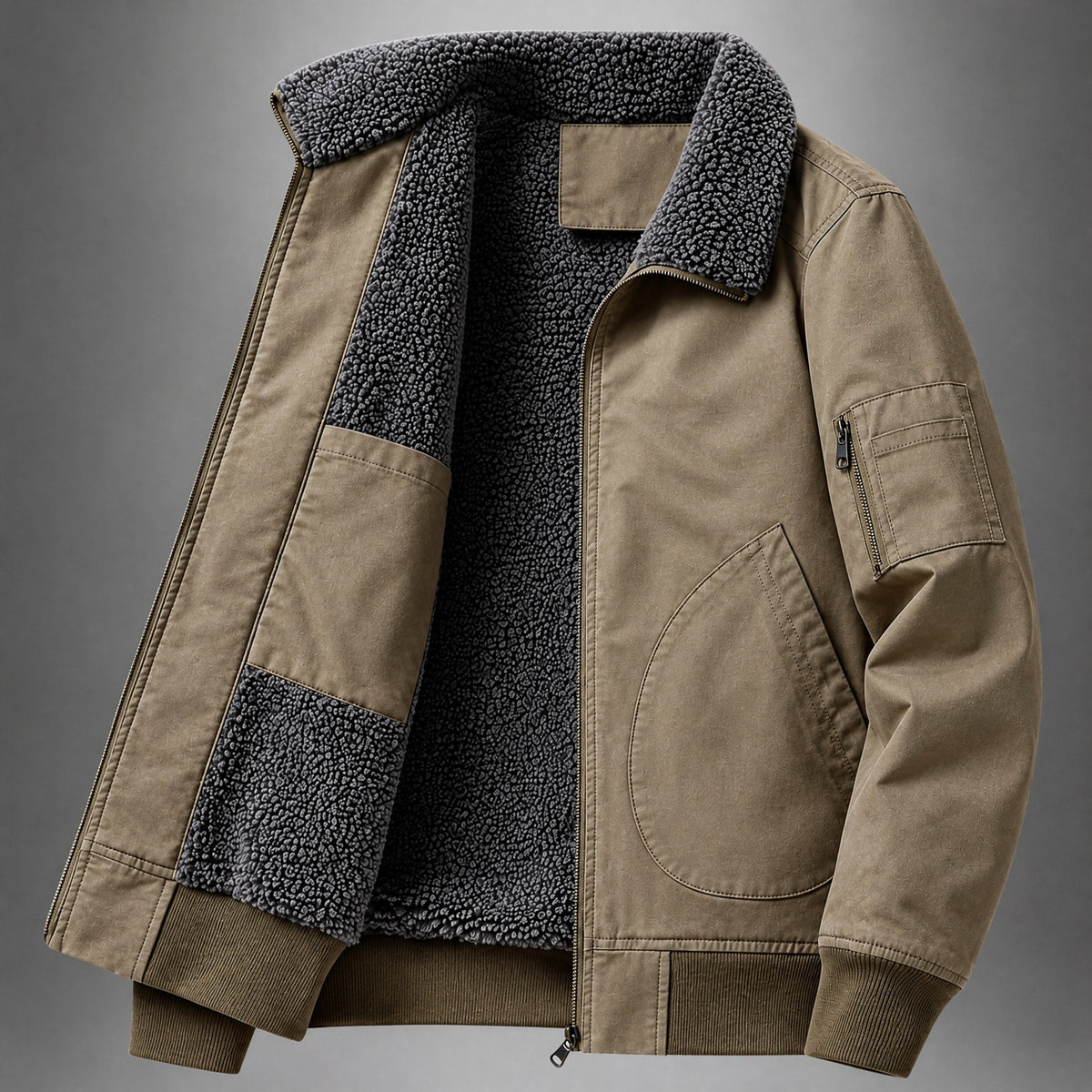Tom - Men's Sherpa Collar Flight Bomber Jacket with Multi-Pocket - Bomber Jackets - Khaki - Davies & Cooper