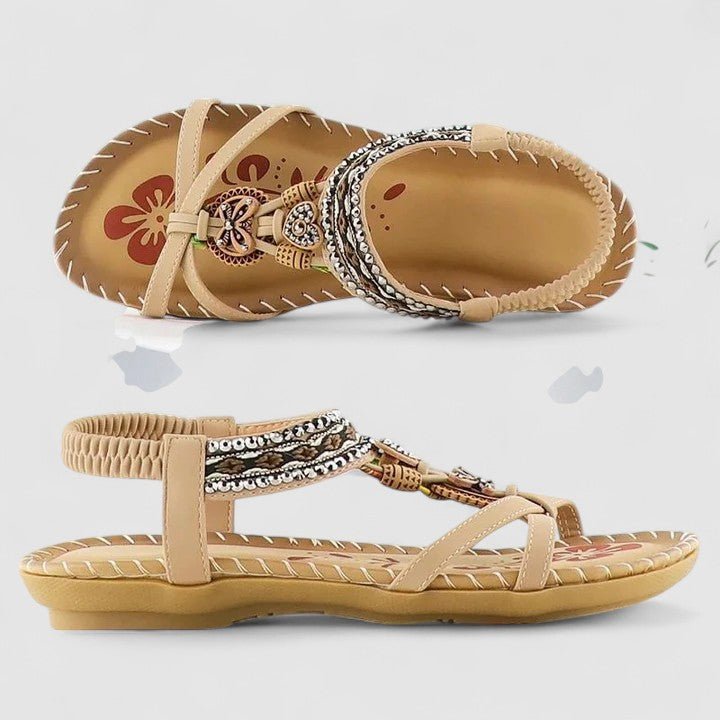 Freya - Women's Bohemian Beaded Flat Sandals with Elastic Ankle Strap