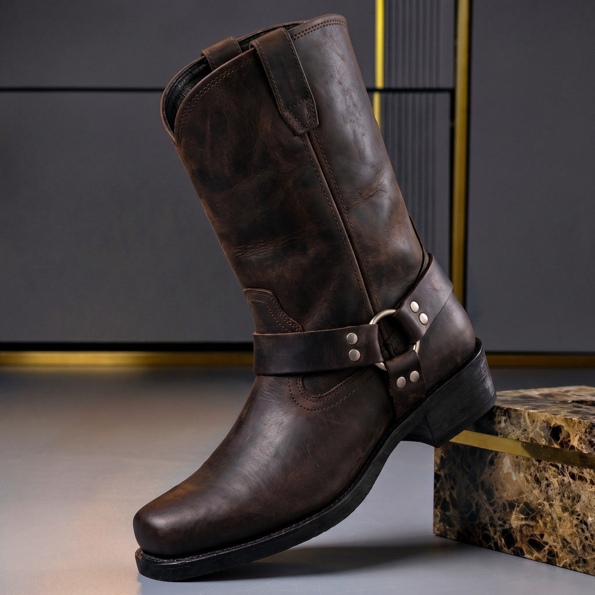 Victor - Men's Harness Boots with Buckle Strap and Block Heel - Boots - Brown - Davies & Cooper