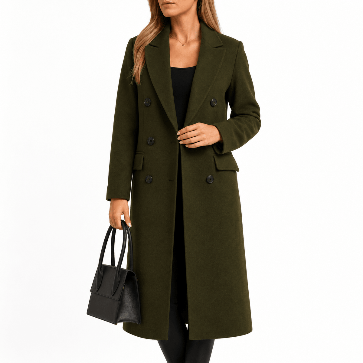 Victoria - Women's Double-Breasted Longline Overcoat with Tailored Lapel - Overcoats - Army Green - Davies & Cooper