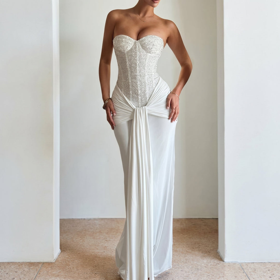 Victoria - Women's Evening Corset Draped Maxi Dress - Maxi Dress - White - Davies & Cooper