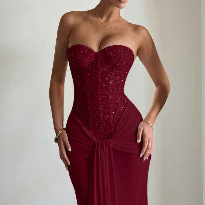 Victoria - Women's Evening Corset Draped Maxi Dress - Maxi Dress - Burgundy - Davies & Cooper