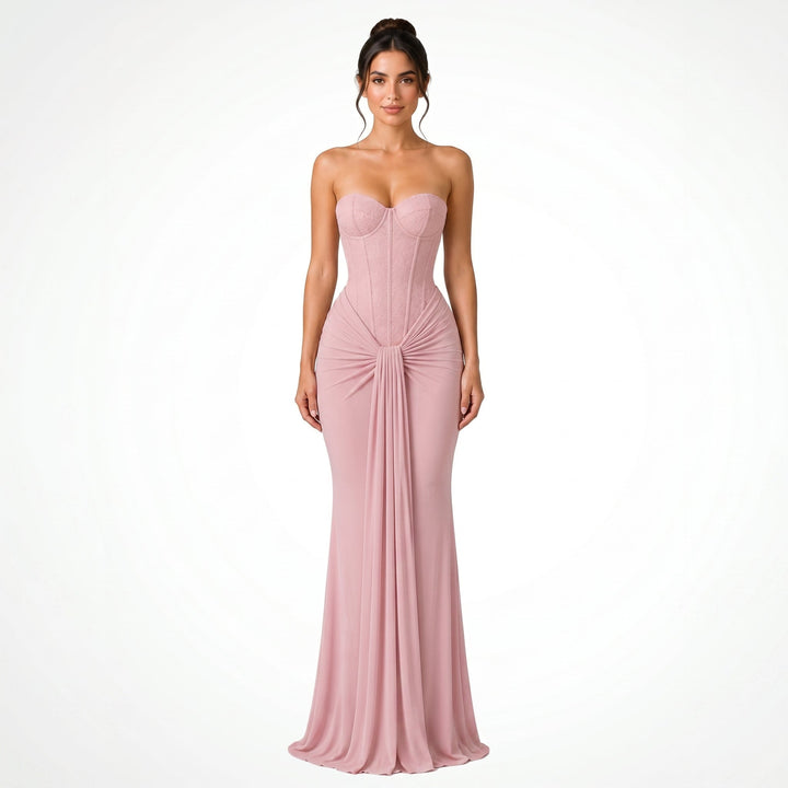 Victoria - Women's Evening Corset Draped Maxi Dress - Maxi Dress - Pink - Davies & Cooper