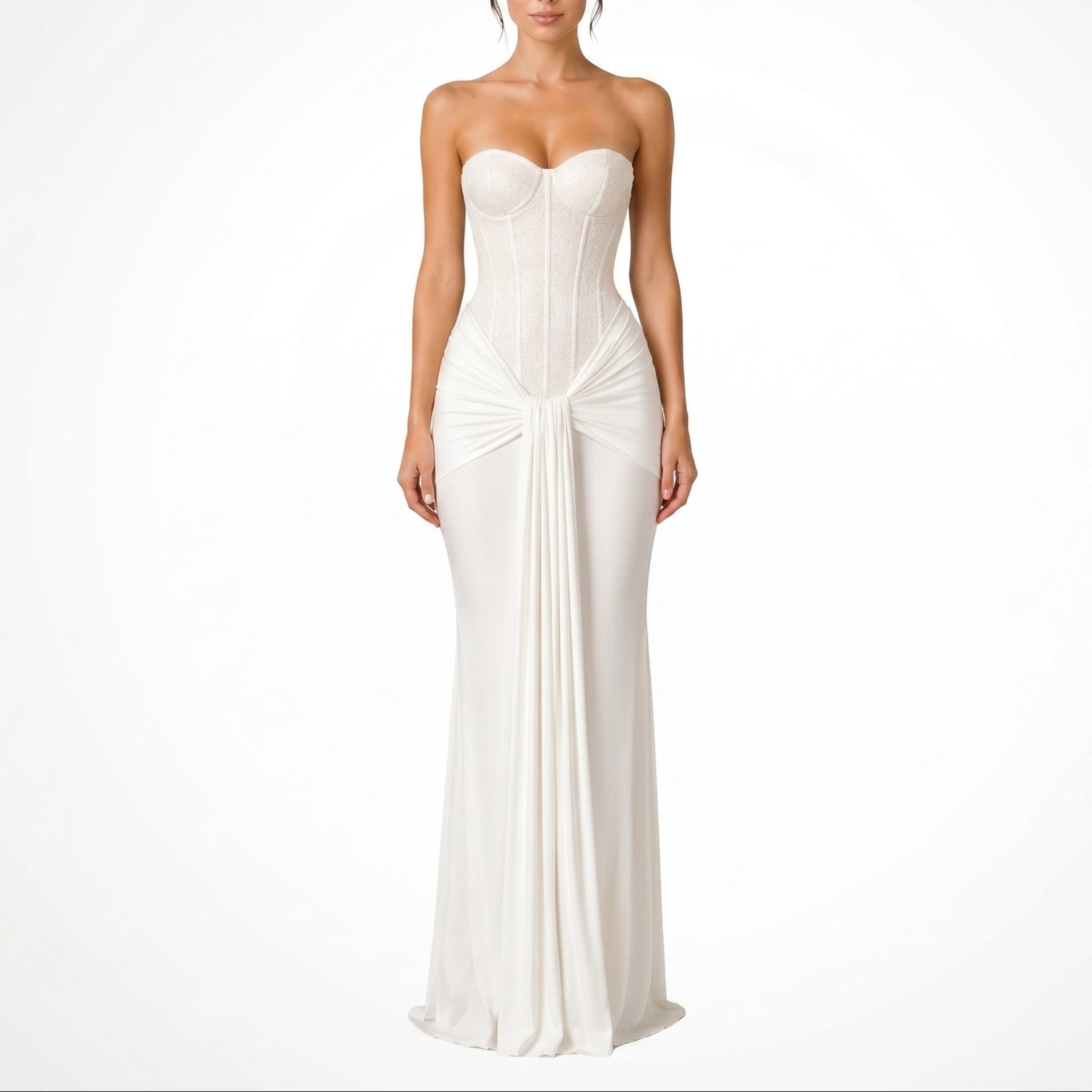 Victoria - Women's Evening Corset Draped Maxi Dress - Maxi Dress - White - Davies & Cooper