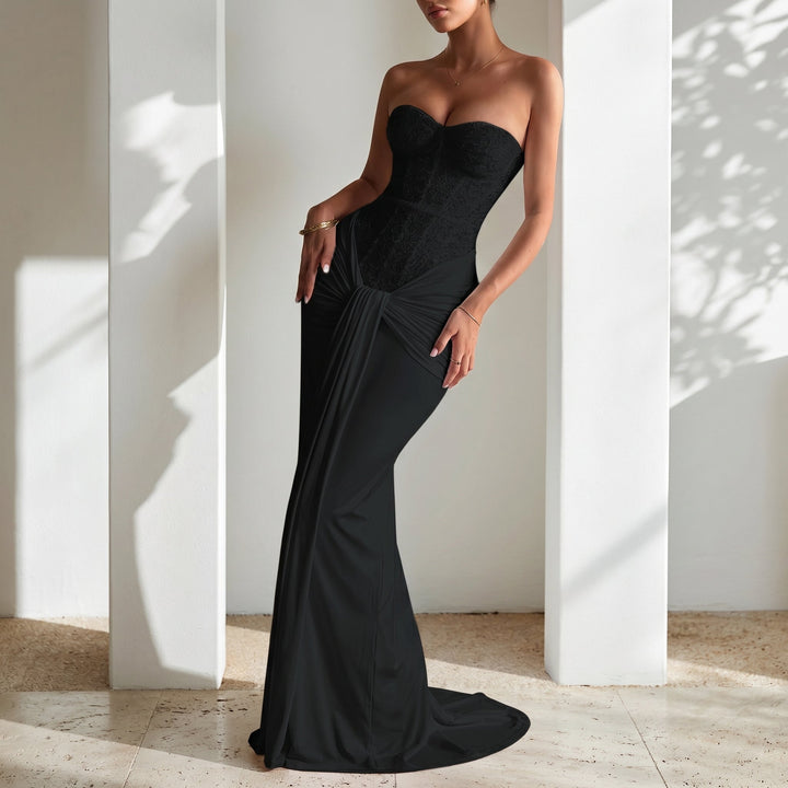 Victoria - Women's Evening Corset Draped Maxi Dress - Maxi Dress - Black - Davies & Cooper