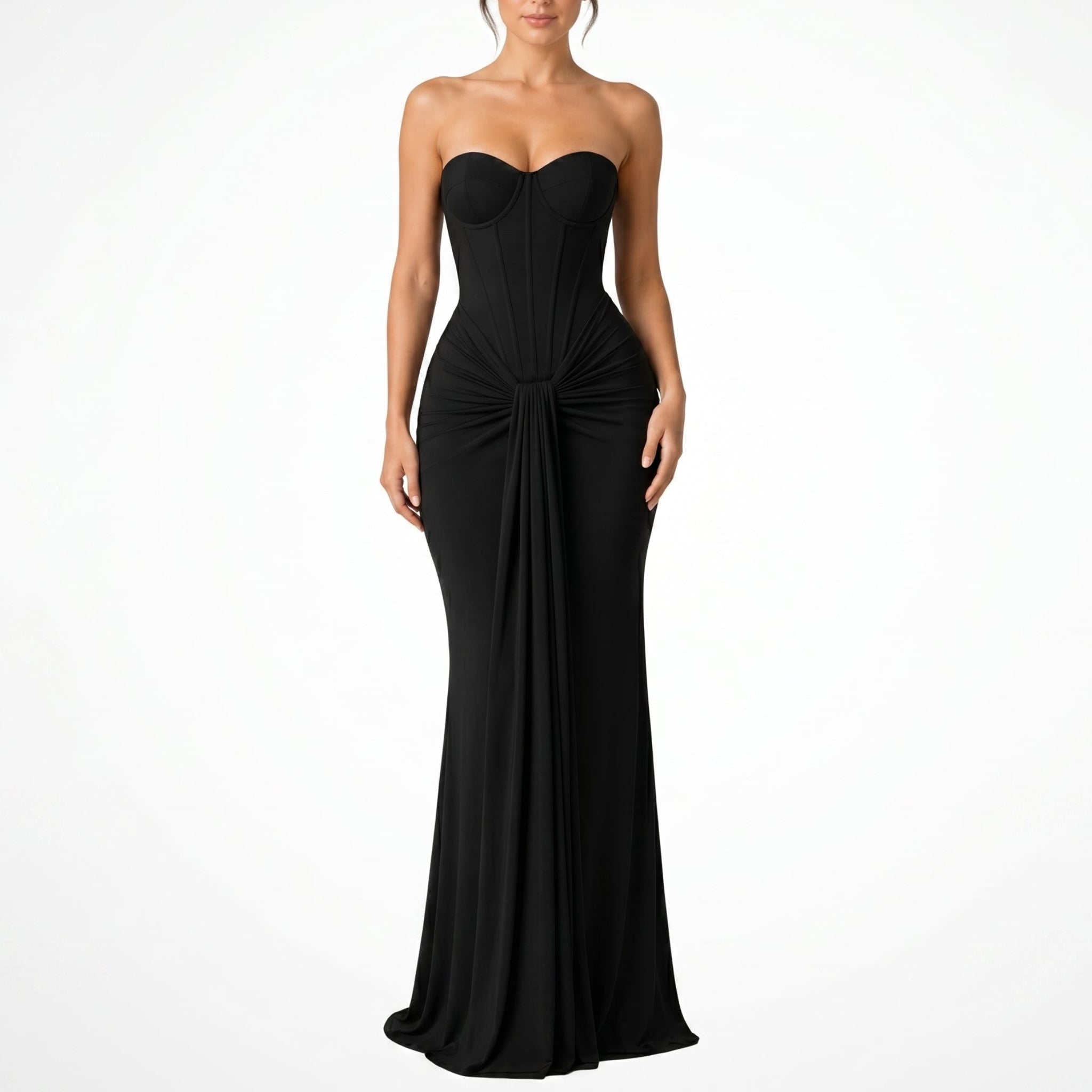 Victoria - Women's Evening Corset Draped Maxi Dress - Maxi Dress - Black - Davies & Cooper