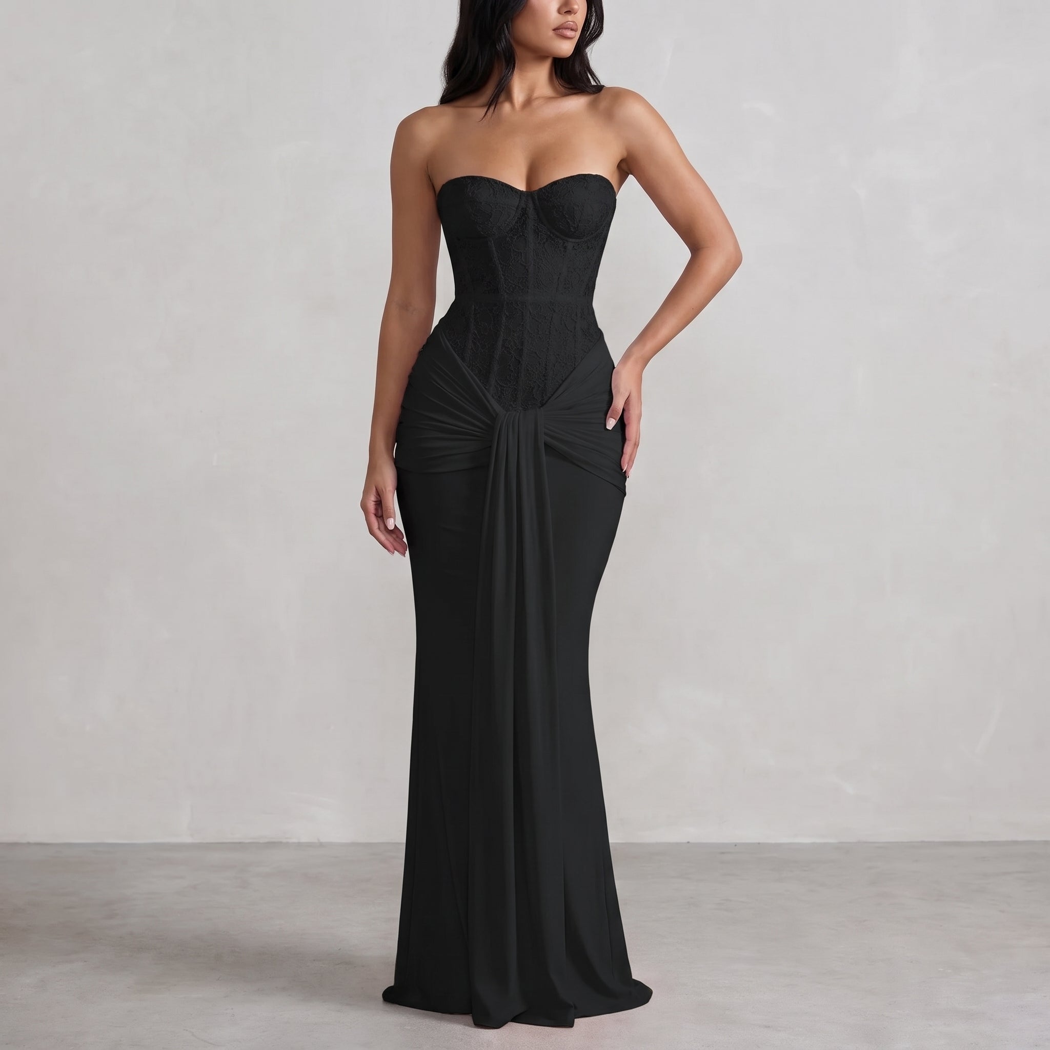 Victoria - Women's Evening Corset Draped Maxi Dress - Maxi Dress - Black - Davies & Cooper