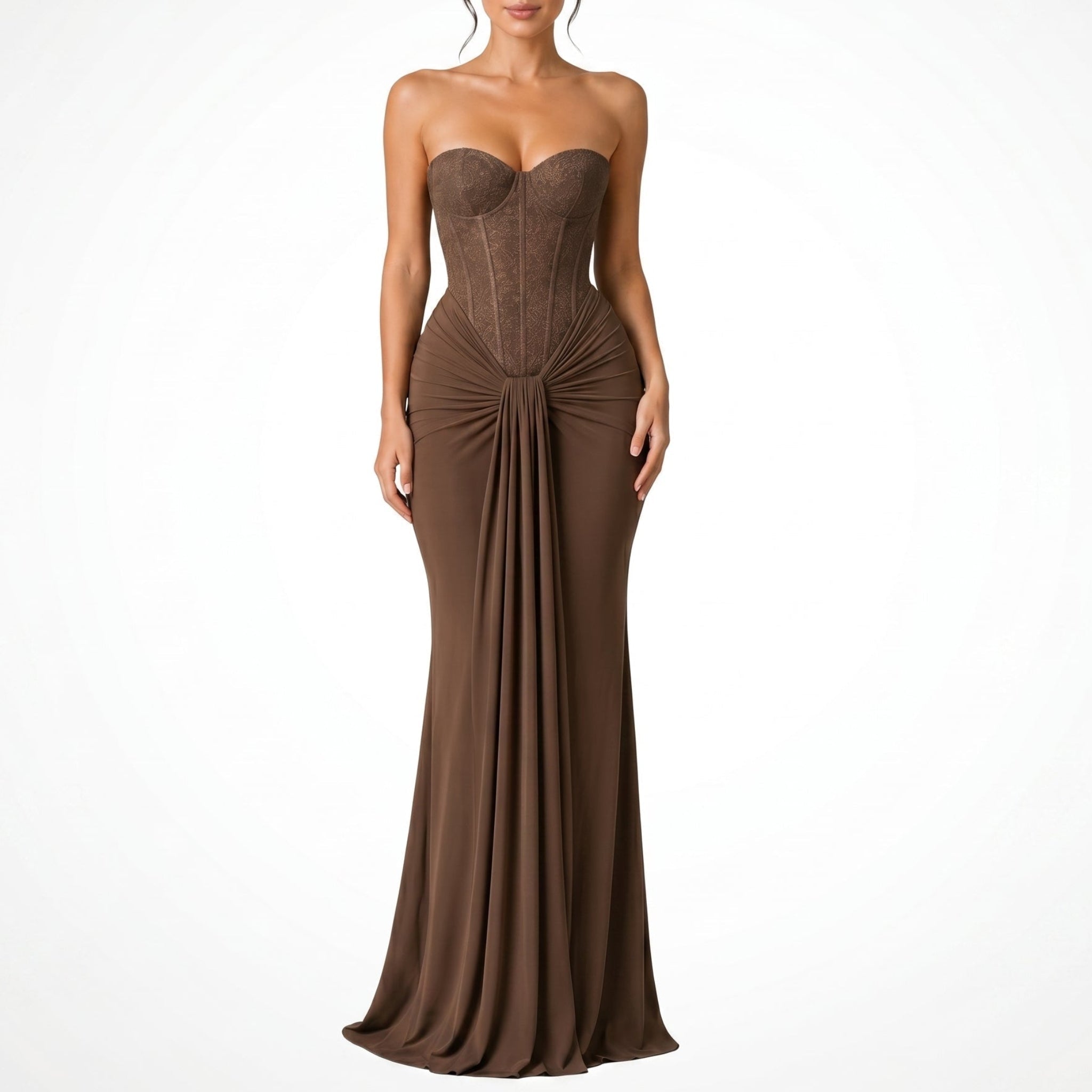 Victoria - Women's Evening Corset Draped Maxi Dress - Maxi Dress - Brown - Davies & Cooper