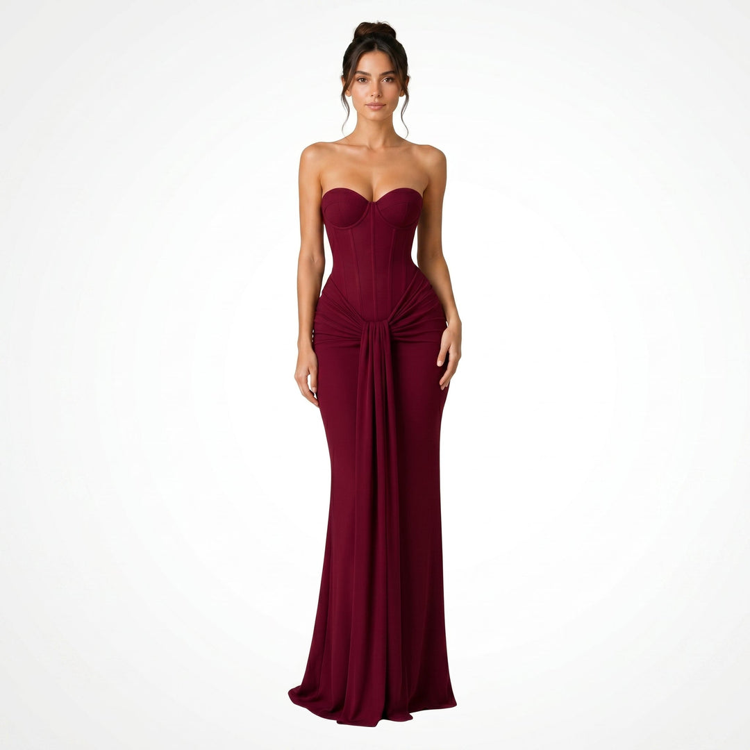Victoria - Women's Evening Corset Draped Maxi Dress - Maxi Dress - Burgundy - Davies & Cooper