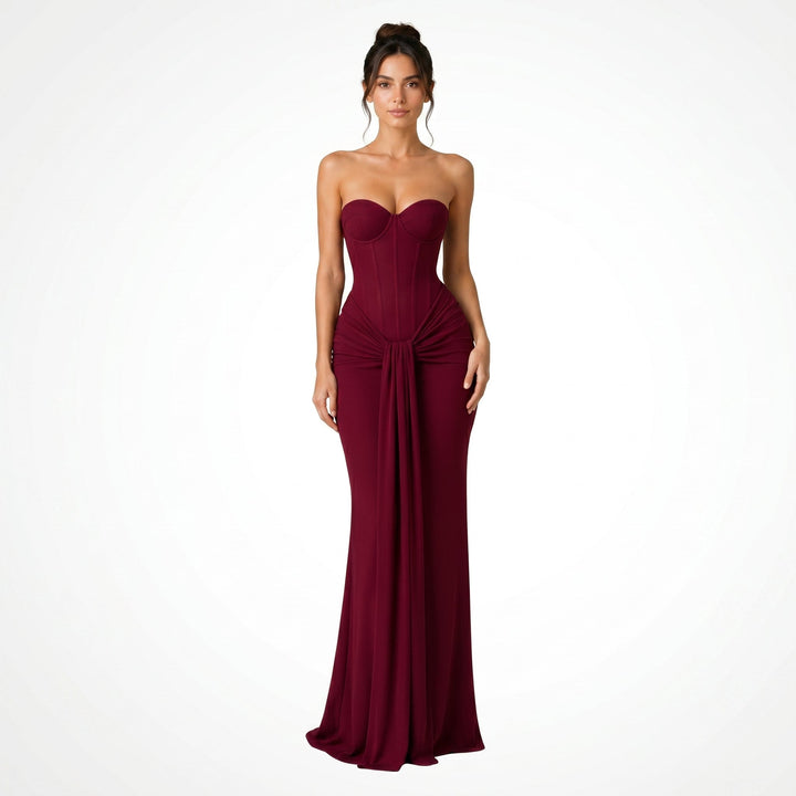 Victoria - Women's Evening Corset Draped Maxi Dress - Maxi Dress - Burgundy - Davies & Cooper