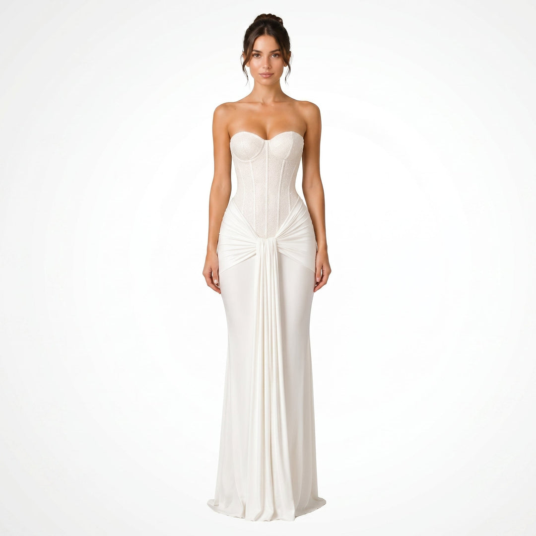 Victoria - Women's Evening Corset Draped Maxi Dress - Maxi Dress - White - Davies & Cooper