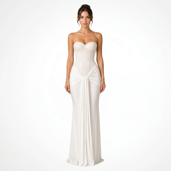 Victoria - Women's Evening Corset Draped Maxi Dress - Maxi Dress - White - Davies & Cooper