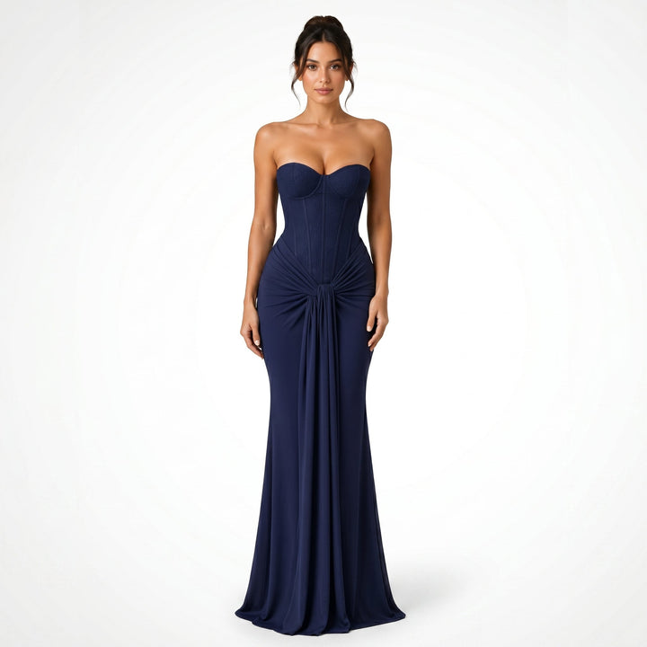 Victoria - Women's Evening Corset Draped Maxi Dress - Maxi Dress - Navy Blue - Davies & Cooper