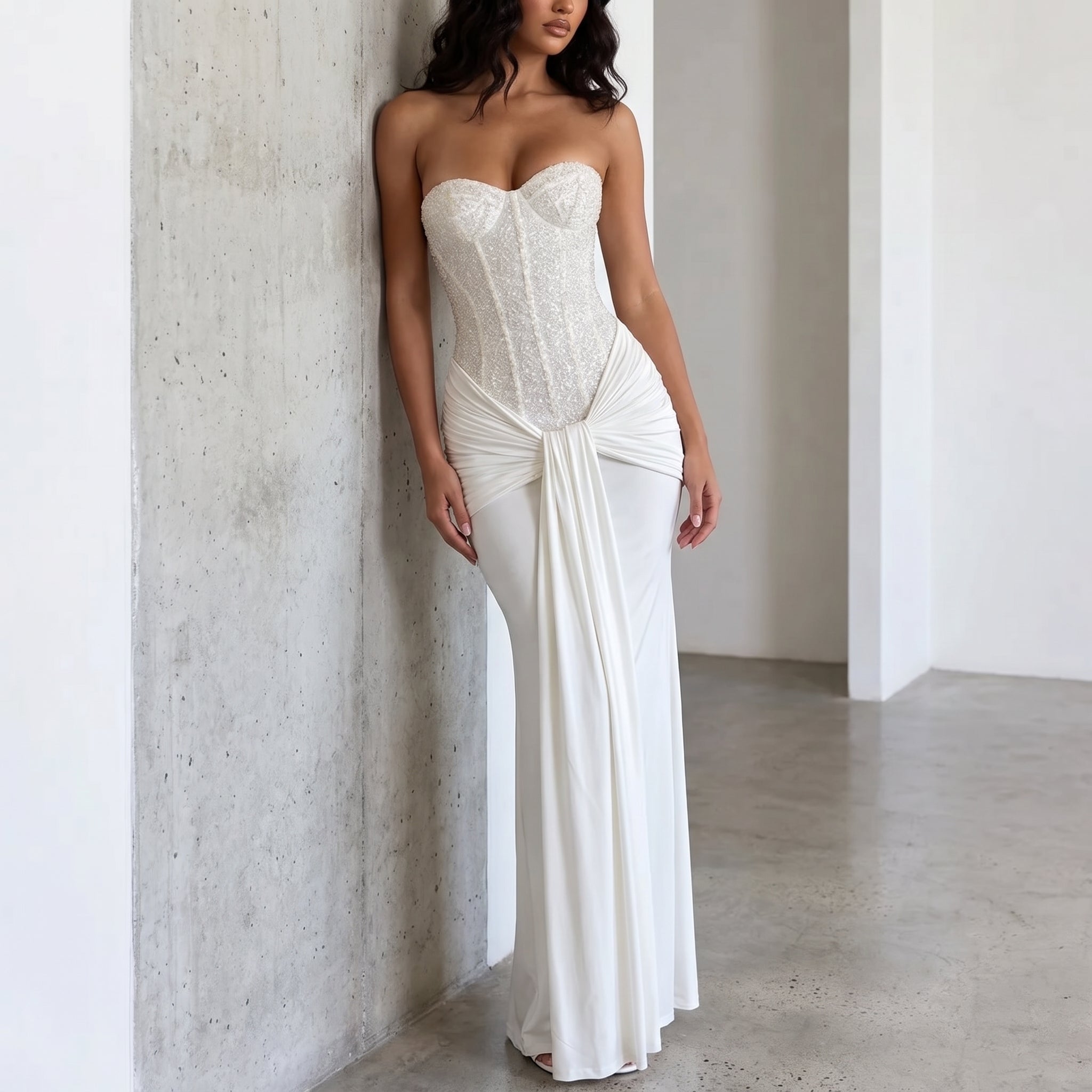 Victoria - Women's Evening Corset Draped Maxi Dress - Maxi Dress - White - Davies & Cooper