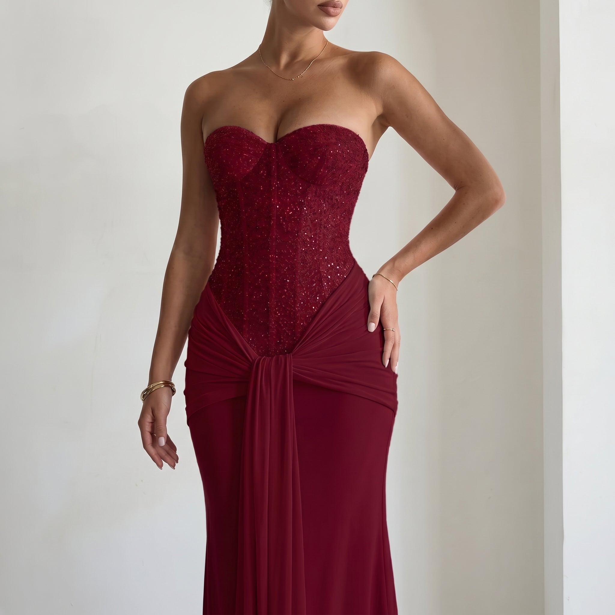 Victoria - Women's Evening Corset Draped Maxi Dress - Maxi Dress - Burgundy - Davies & Cooper