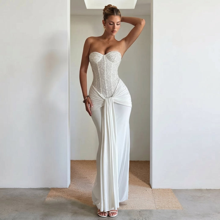 Victoria - Women's Evening Corset Draped Maxi Dress - Maxi Dress - White - Davies & Cooper