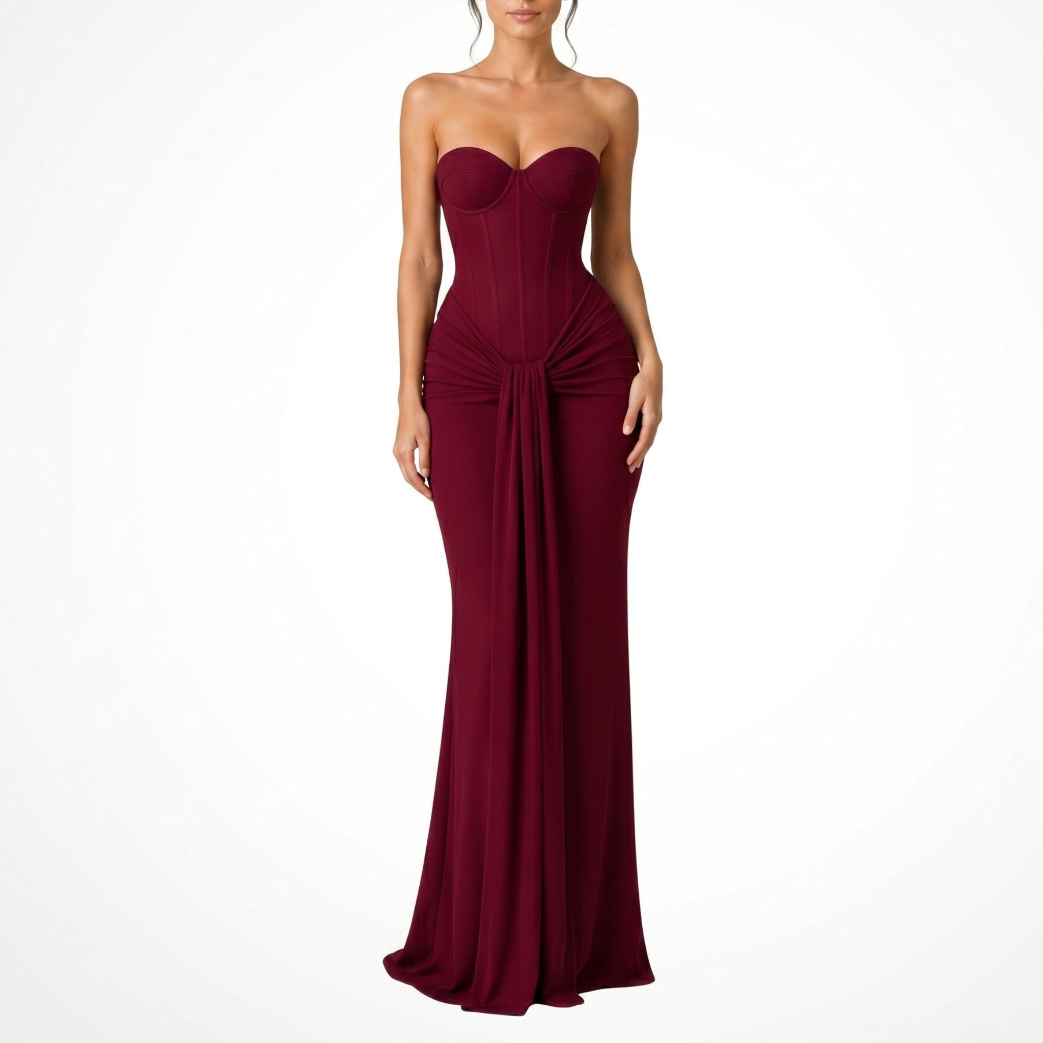 Victoria - Women's Evening Corset Draped Maxi Dress - Maxi Dress - Burgundy - Davies & Cooper