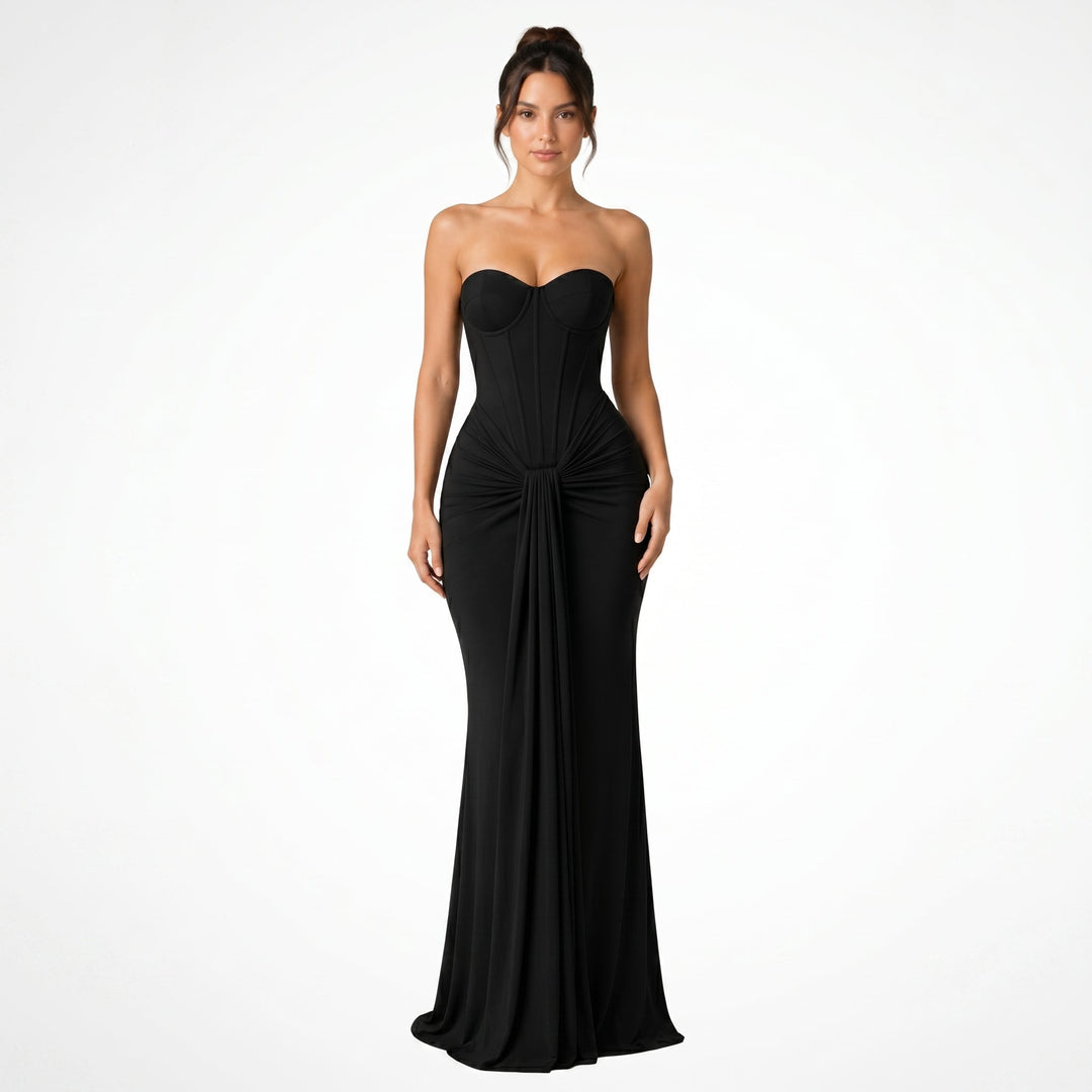 Victoria - Women's Evening Corset Draped Maxi Dress - Maxi Dress - Black - Davies & Cooper