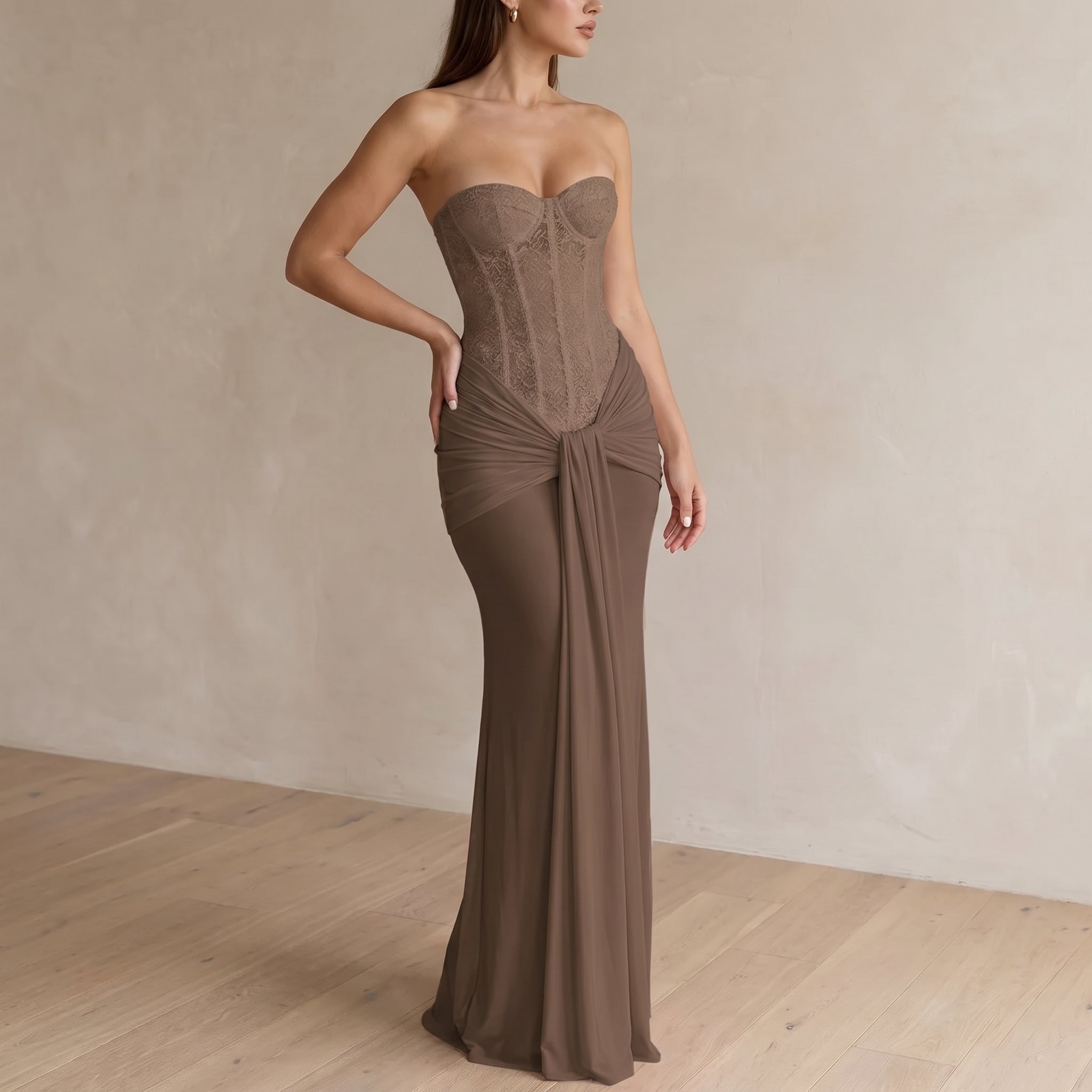 Victoria - Women's Evening Corset Draped Maxi Dress - Maxi Dress - Brown - Davies & Cooper