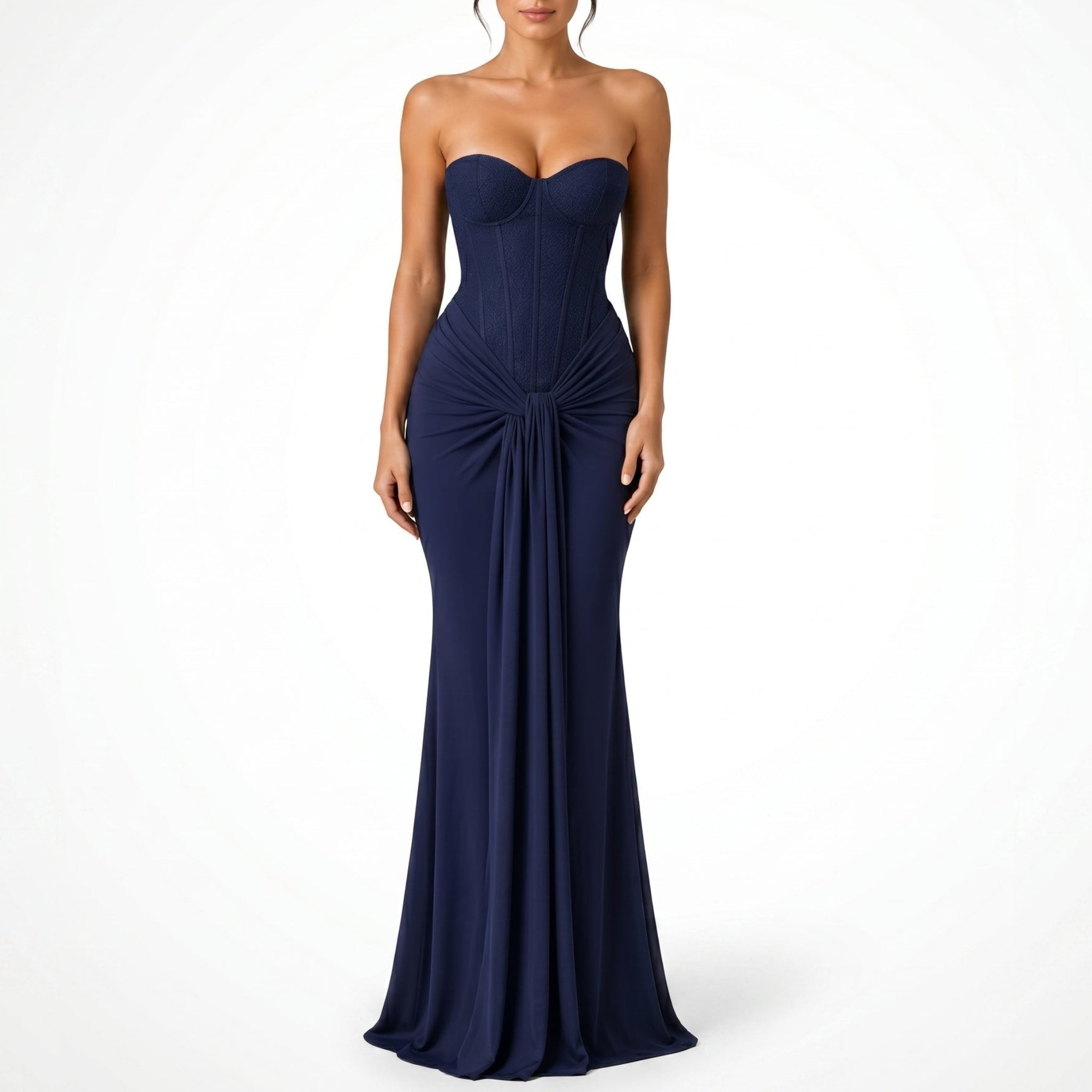Victoria - Women's Evening Corset Draped Maxi Dress - Maxi Dress - Navy Blue - Davies & Cooper