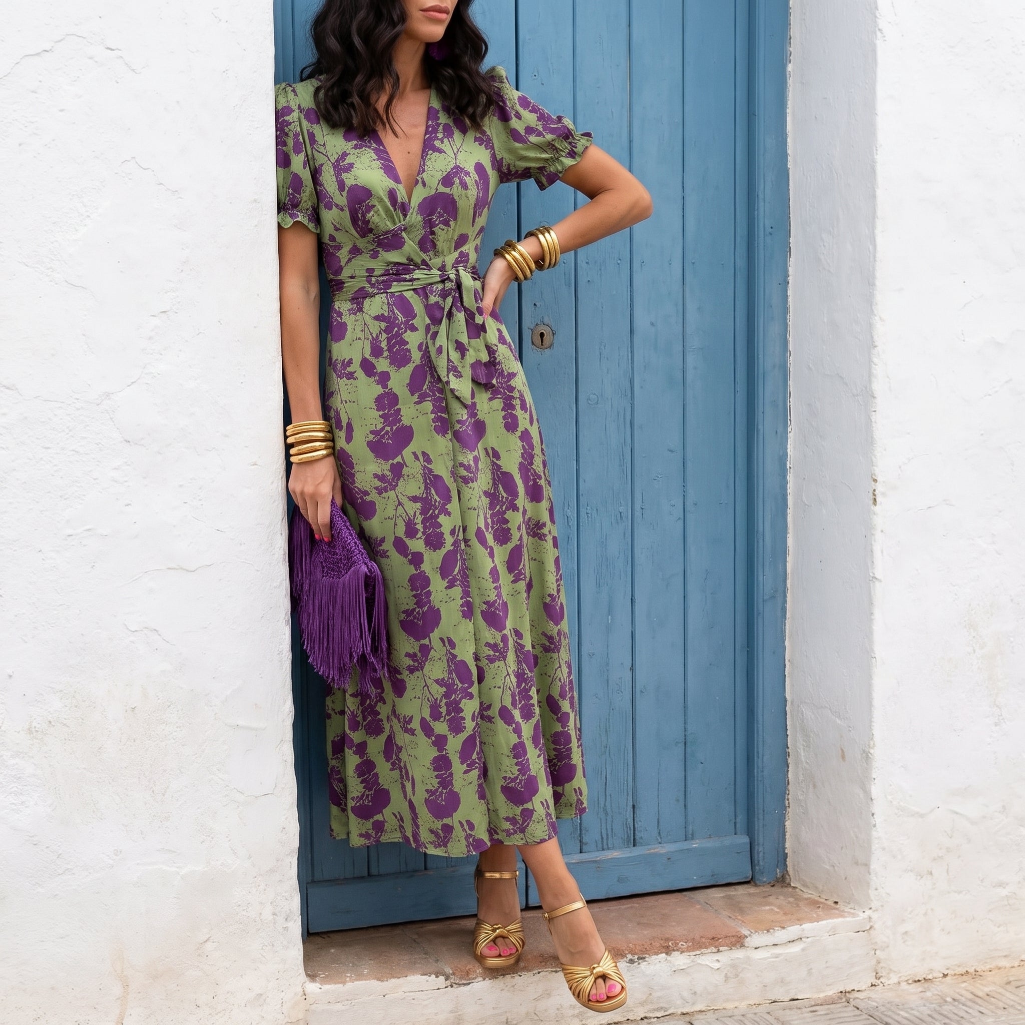 Violet - Women's Wedding Guest Wrap Puff Sleeve Midi Dress - Midi Dress - Green - Davies & Cooper