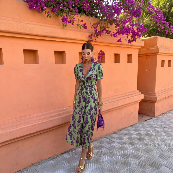 Violet - Women's Wedding Guest Wrap Puff Sleeve Midi Dress - Midi Dress - Green - Davies & Cooper
